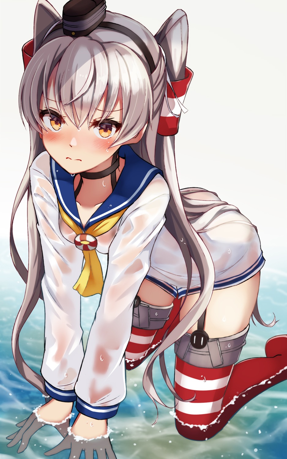 amatsukaze_(kancolle) kantai_collection natsu_narumi see_through seifuku stockings thighhighs wet wet_clothes