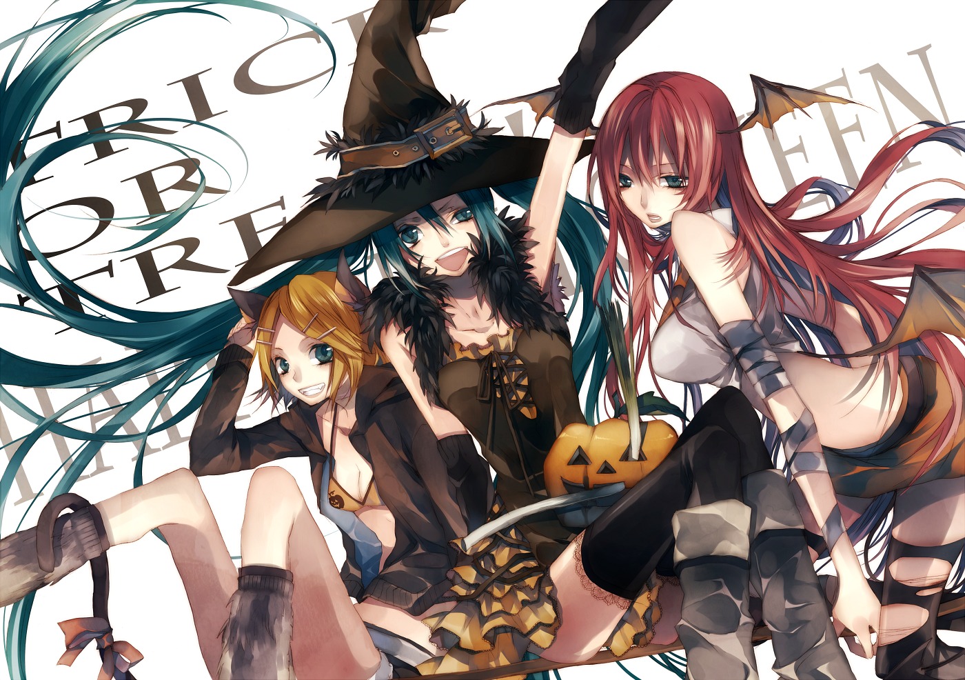 animal_ears halloween hatsune_miku kagamine_rin megurine_luka nekomimi tail thighhighs tsukioka_tsukiho vocaloid wings witch