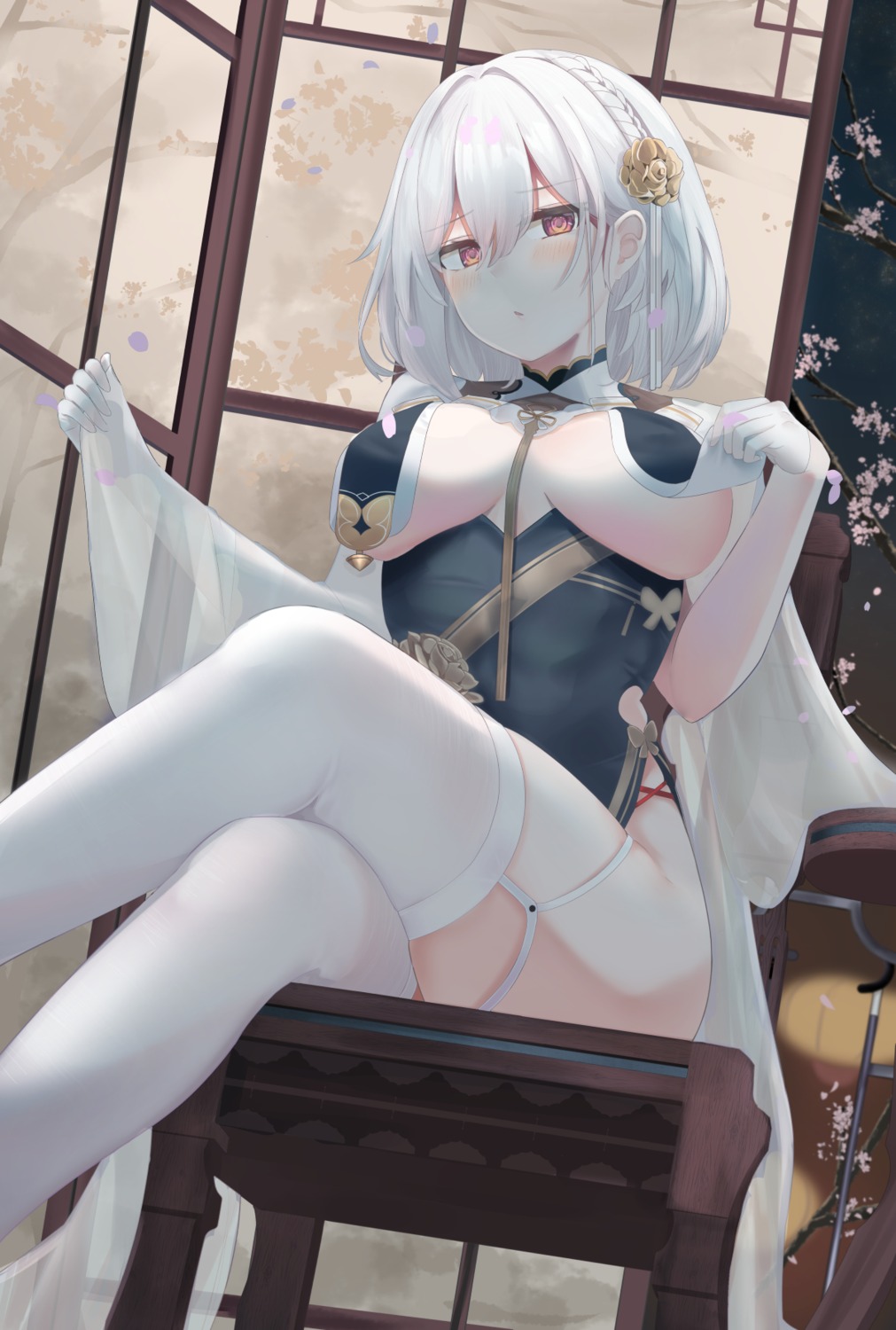 asian_clothes azur_lane erect_nipples no_bra nopan ru_zhai see_through sirius_(azur_lane) stockings thighhighs