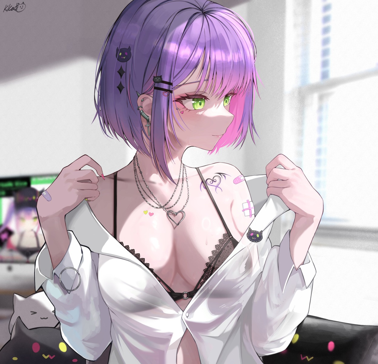 bandaid bra dress_shirt hololive kkato open_shirt see_through tattoo tokoyami_towa undressing