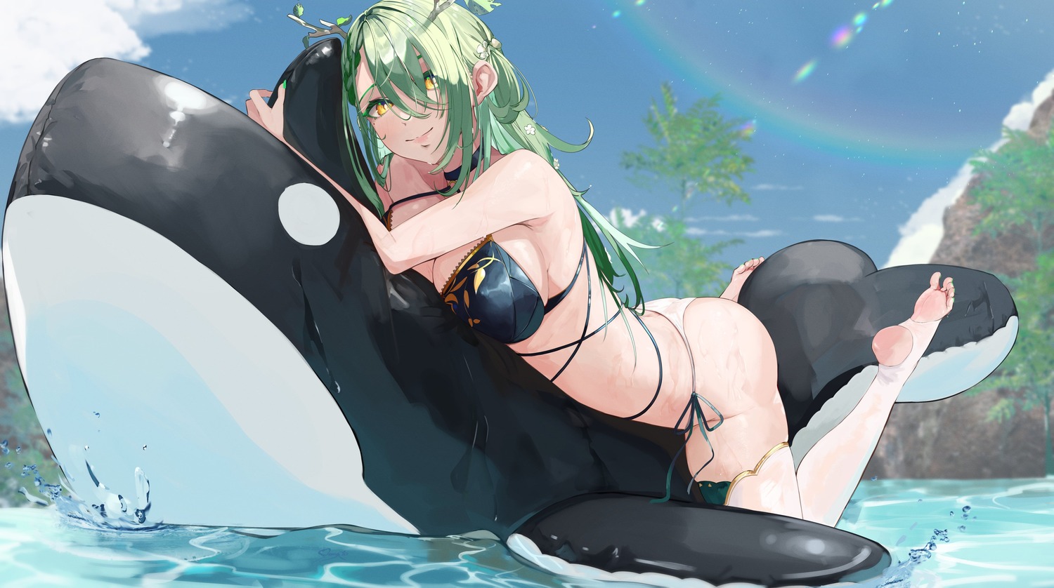 bikini ceres_fauna hololive hololive_english horns moyomo swimsuits tail thighhighs wet