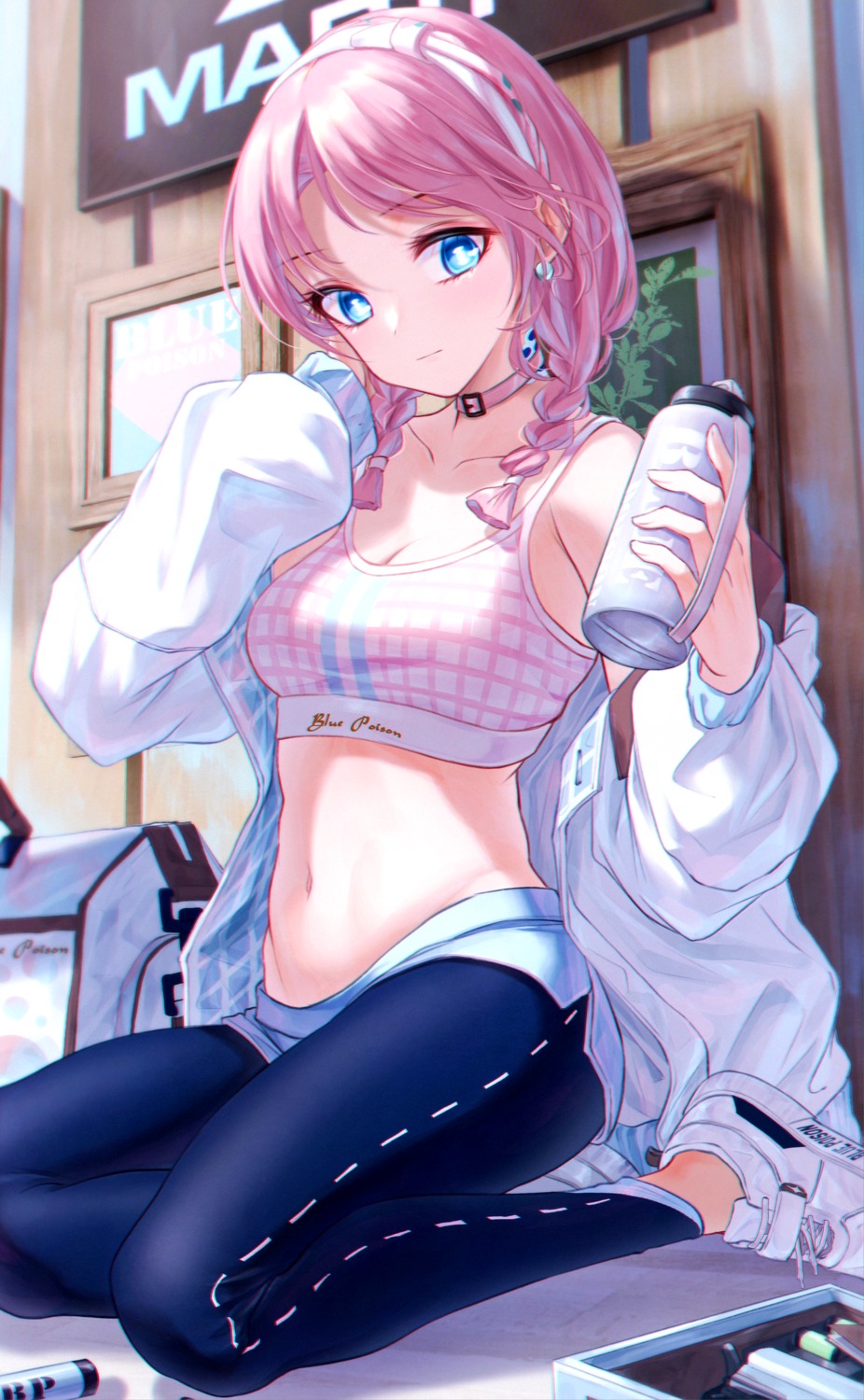 arknights bae.c blue_poison_(arknights) bra cleavage open_shirt