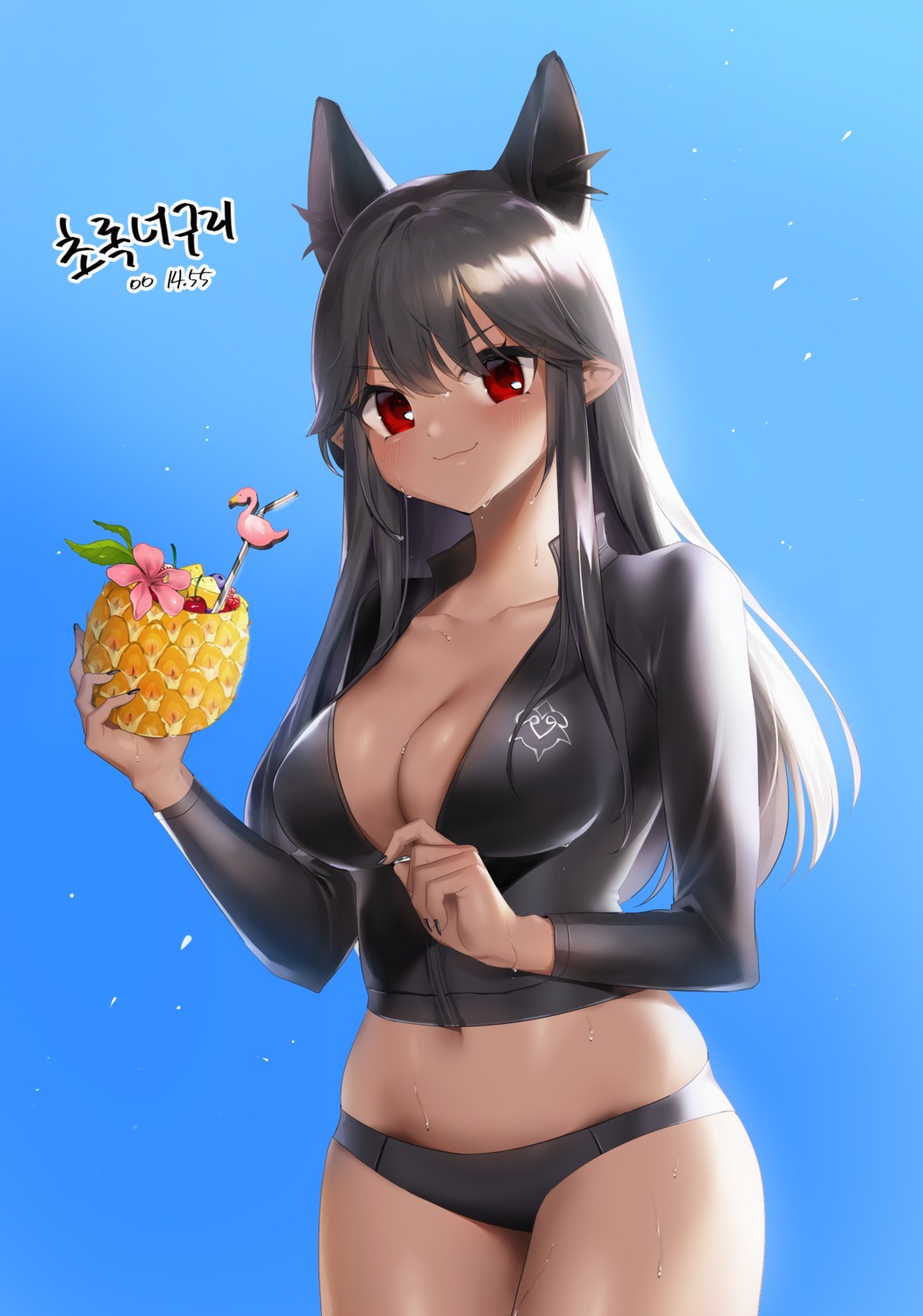 28mm animal_ears cleavage open_shirt pointy_ears swimsuits undressing