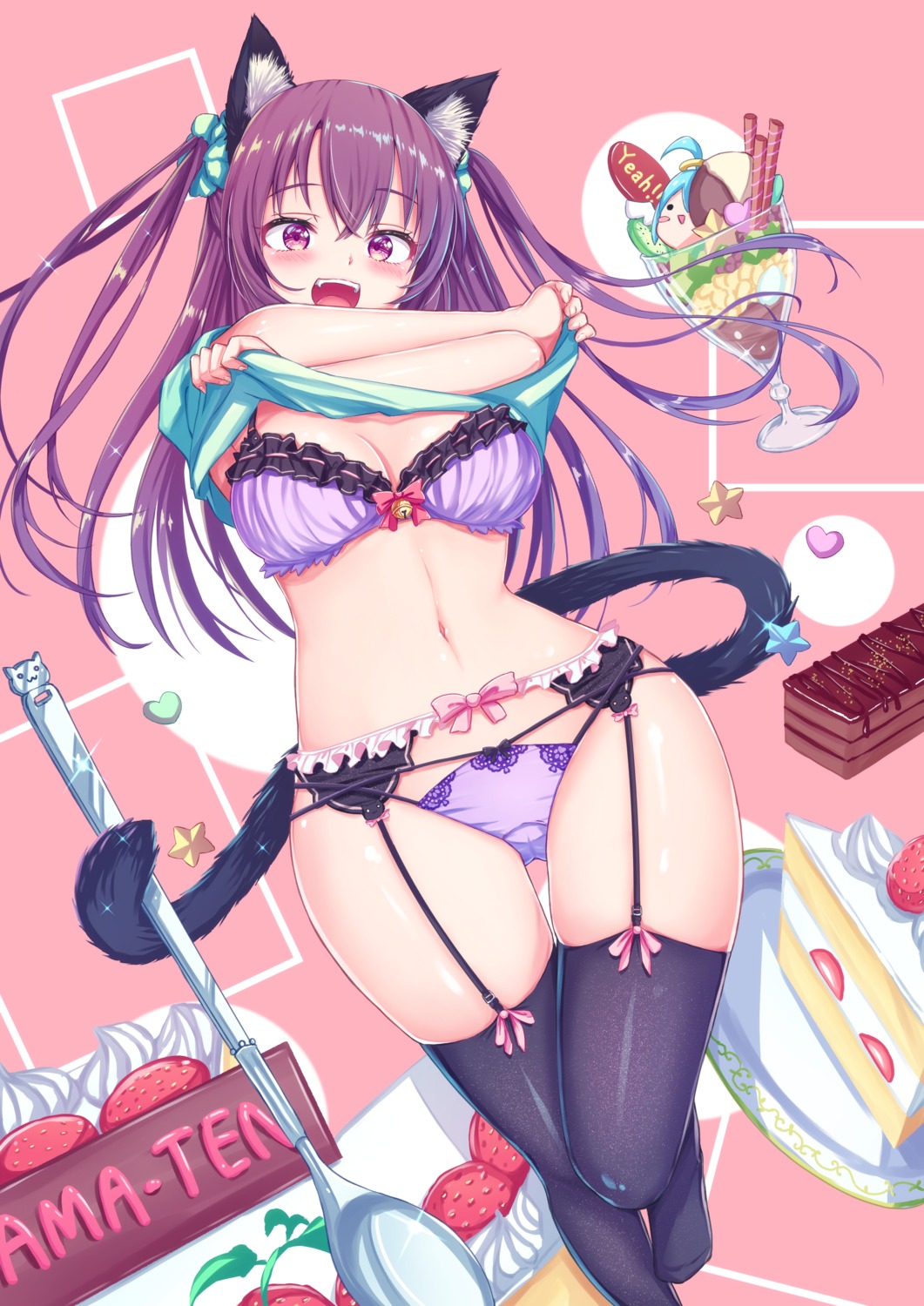 animal_ears bra cameltoe cleavage garter_belt nekomimi pantsu shirt_lift stockings tail tenzeru thighhighs undressing