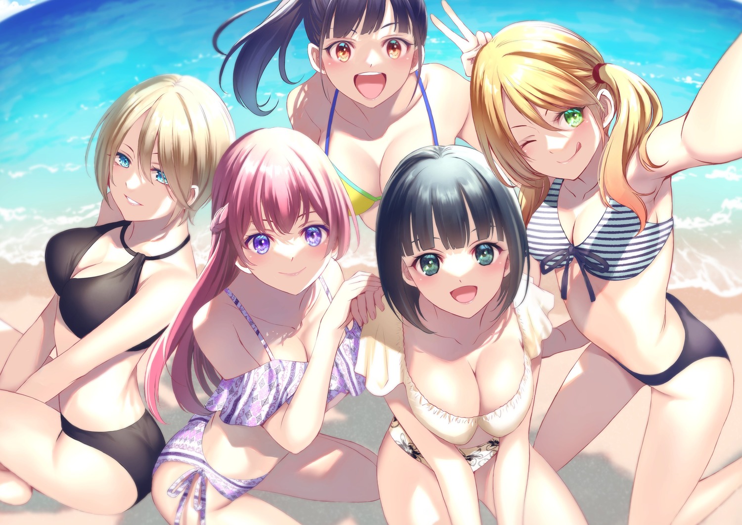 bikini bikini_top cleavage hououji_akane makuzawa_ouka megami_no_café_terrace ono_shiragiku selfie seo_kouji swimsuits tsukishima_riho tsuruga_ami