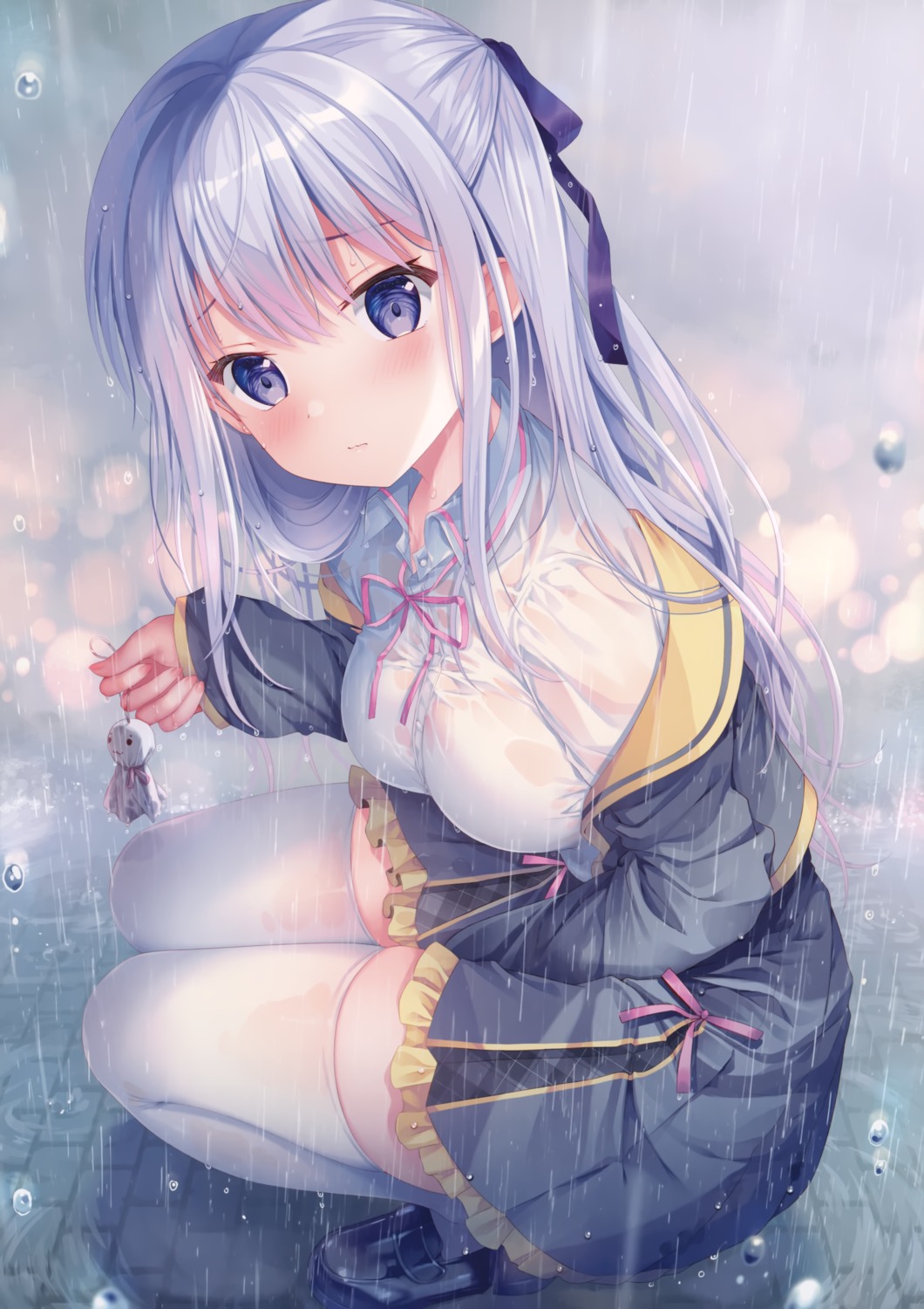 hiiragi_asuka_(twinbox) see_through seifuku thighhighs twinbox twinbox_school wet wet_clothes