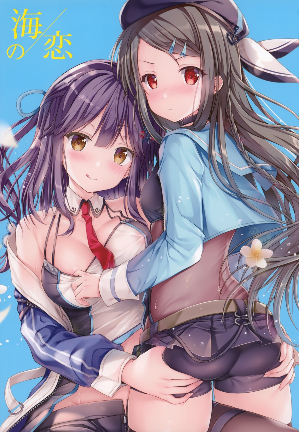 areola ass ass_grab azur_lane erect_nipples garter kimberly_(azur_lane) mullany_(azur_lane) no_bra see_through thighhighs twinbox twinbox_(circle) undressing wet wet_clothes yuri