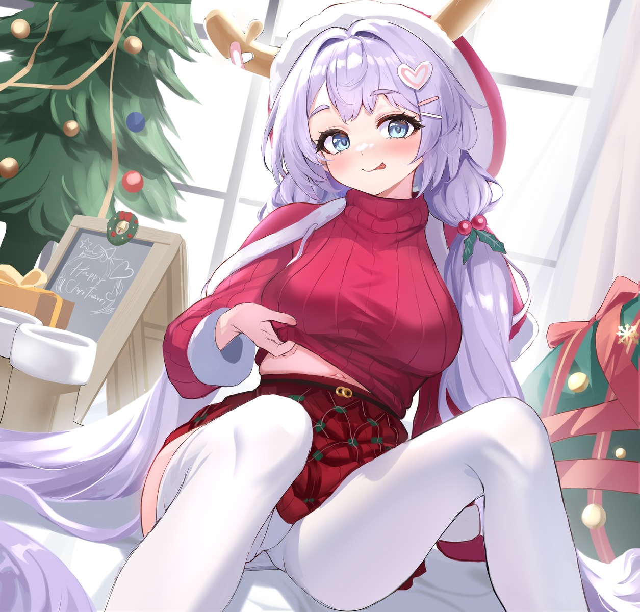 asagao_hanae blue_archive christmas horns pantsu pantyhose skirt_lift stone_(ksorede) sweater undressing