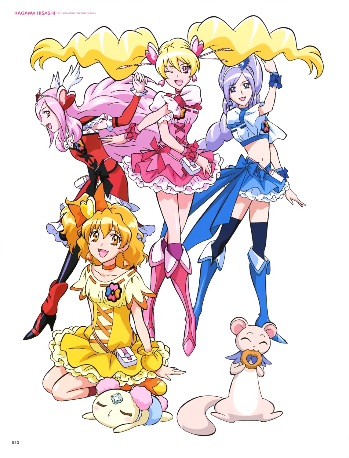 aono_miki chiffon_(precure) dress fresh_precure! heels higashi_setsuna momozono_love precure tarte_(fresh) thighhighs yamabuki_inori