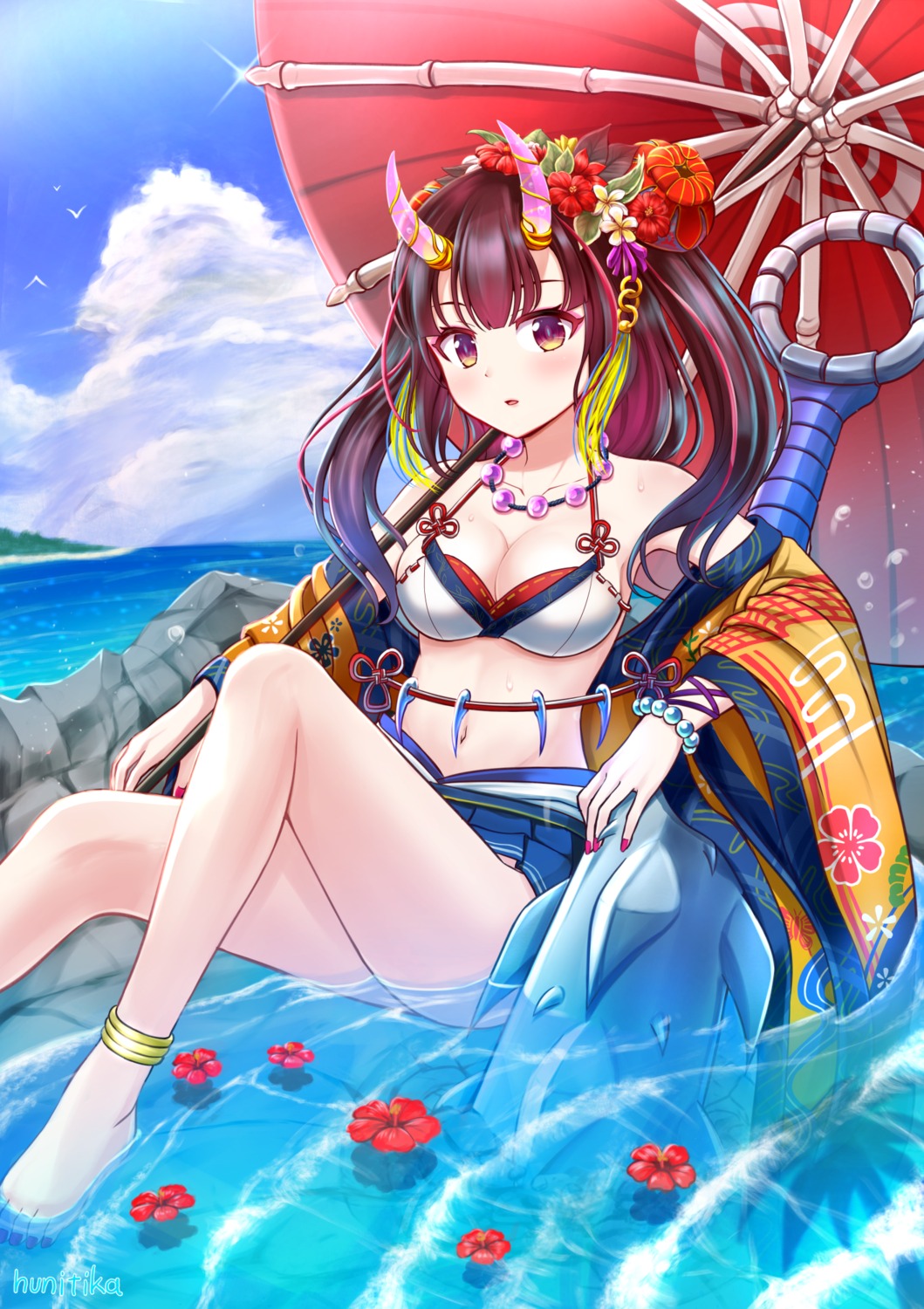 bikini_top cleavage horns japanese_clothes nichika_(nitikapo) open_shirt skirt_lift swimsuits umbrella weapon wet