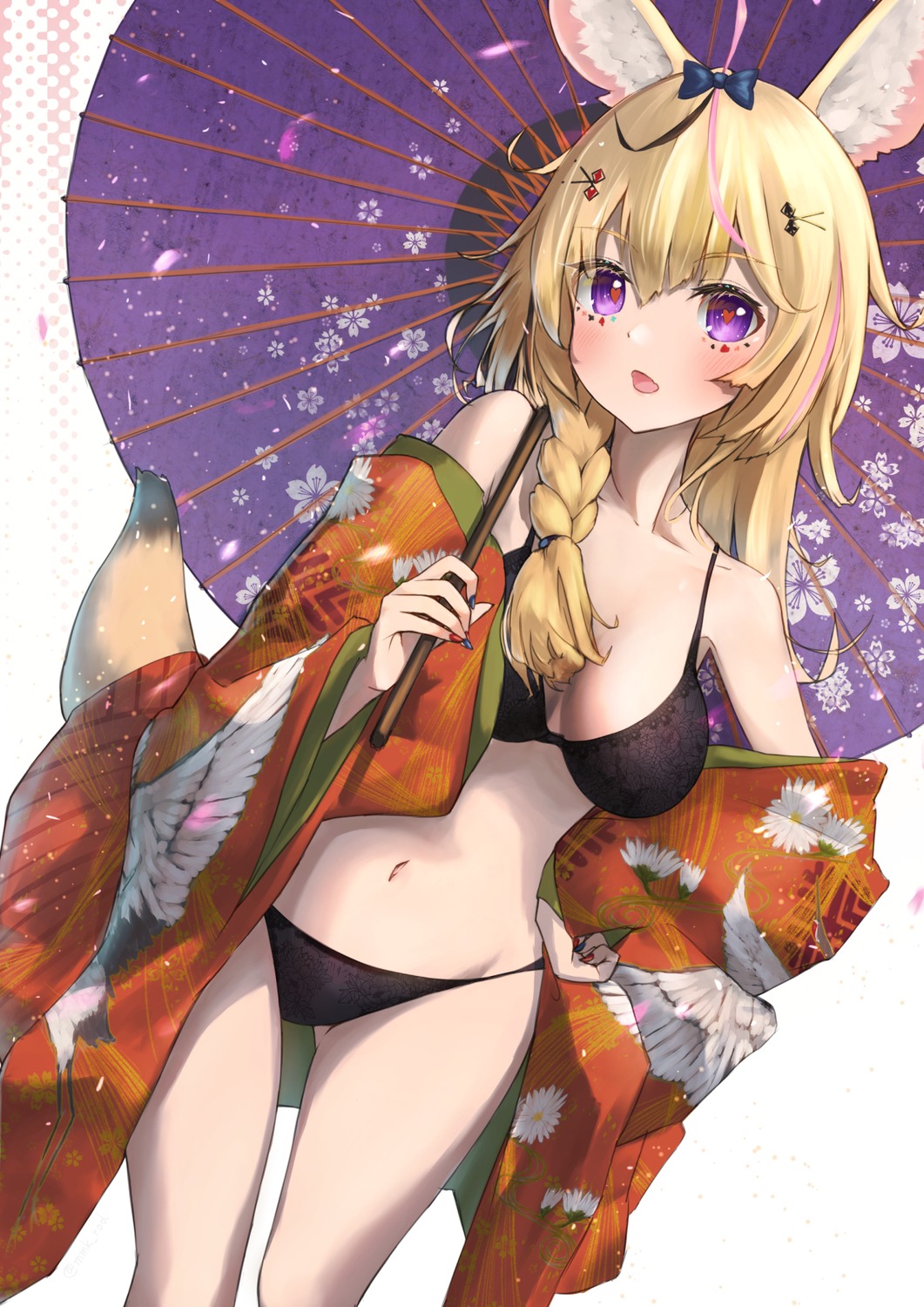 animal_ears bra hololive mmk omaru_polka open_shirt pantsu tail umbrella