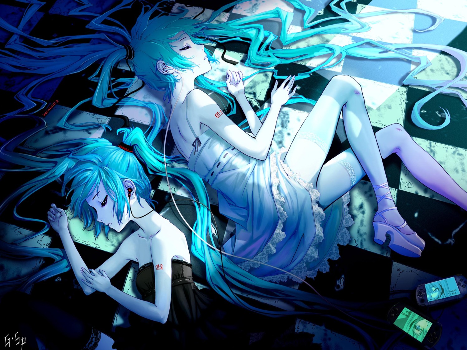 dress g_scream hatsune_miku headphones last_night_good_night_(vocaloid) thighhighs vocaloid