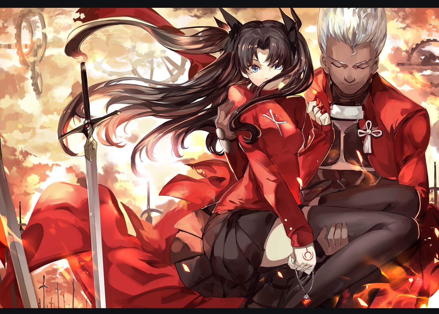 archer fate/stay_night saberiii sword tattoo thighhighs toosaka_rin