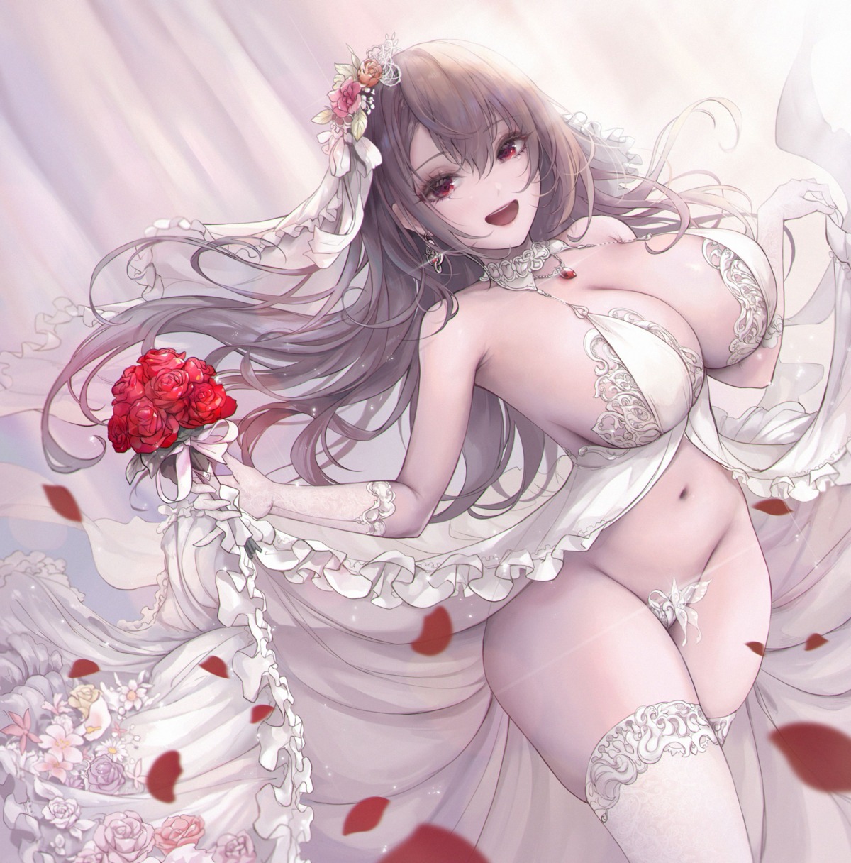 cleavage dress maebari no_bra nopan skirt_lift tagme thighhighs wedding_dress