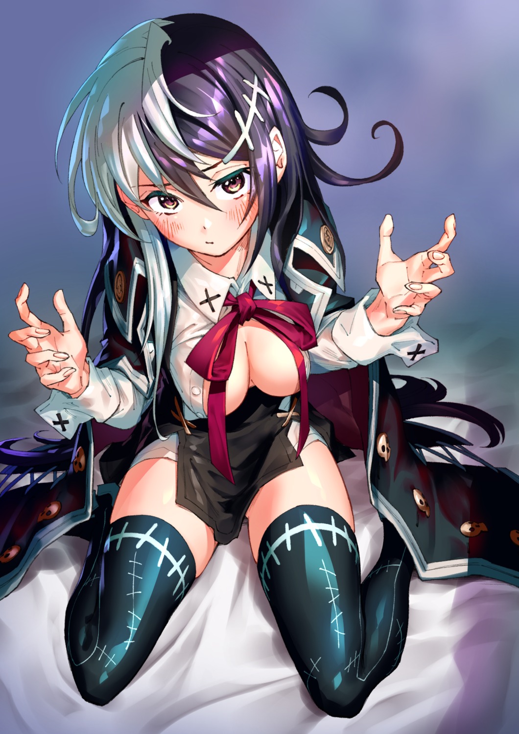 cleavage dedeen ibuki_notsu no_bra open_shirt thighhighs