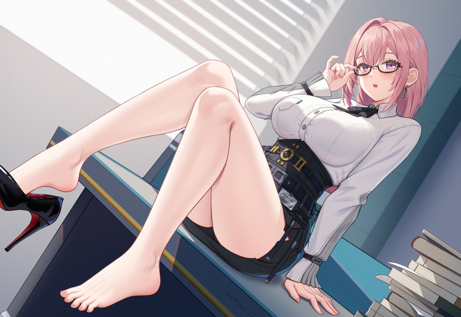 dress_shirt feet heels megane satomi_(745684552) skirt_lift tsukishiro_yanagi zenless_zone_zero