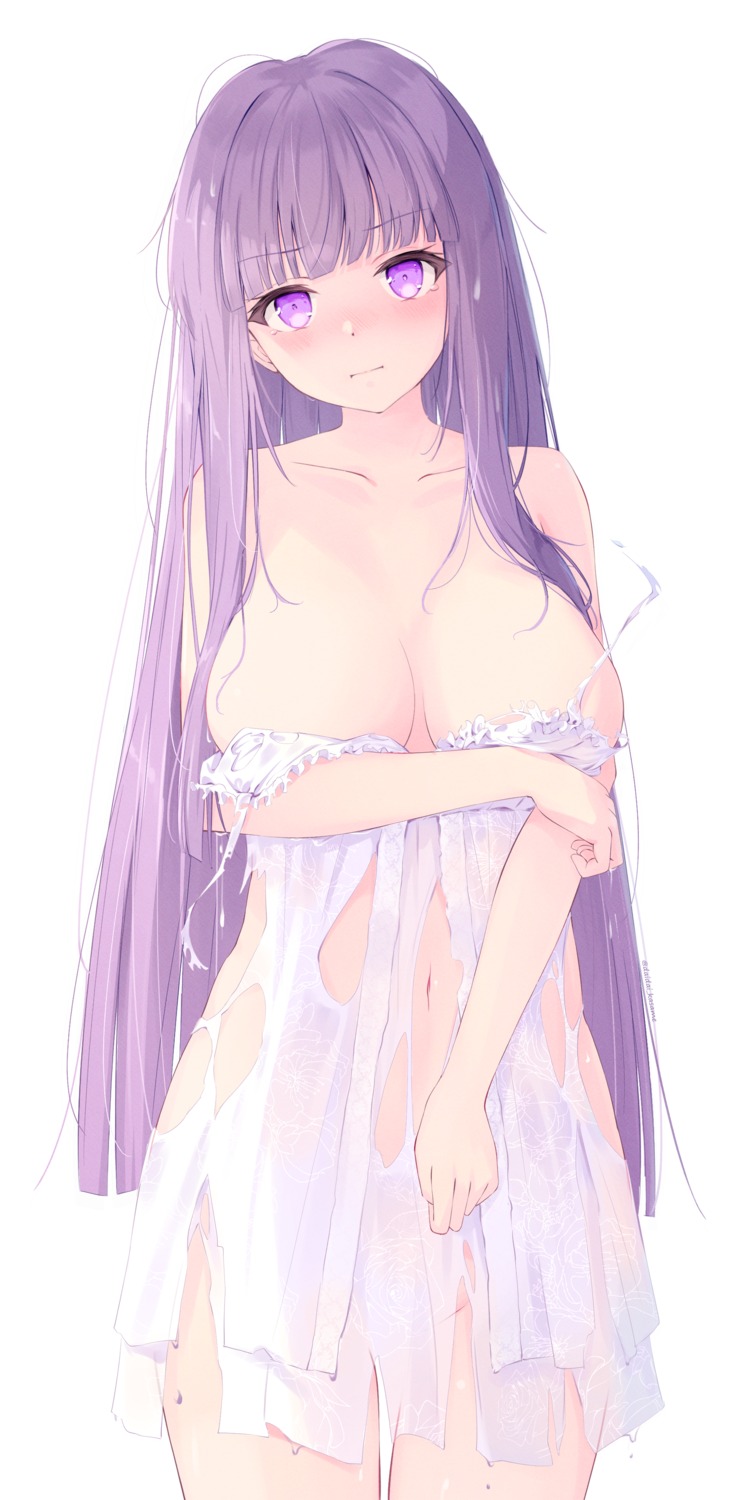 breast_hold daidai_(daidai826) fern lingerie nopan see_through sousou_no_frieren torn_clothes wardrobe_malfunction