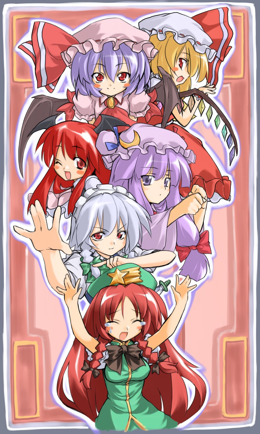 flandre_scarlet hong_meiling izayoi_sakuya koakuma patchouli_knowledge remilia_scarlet takeshi_shinobu touhou