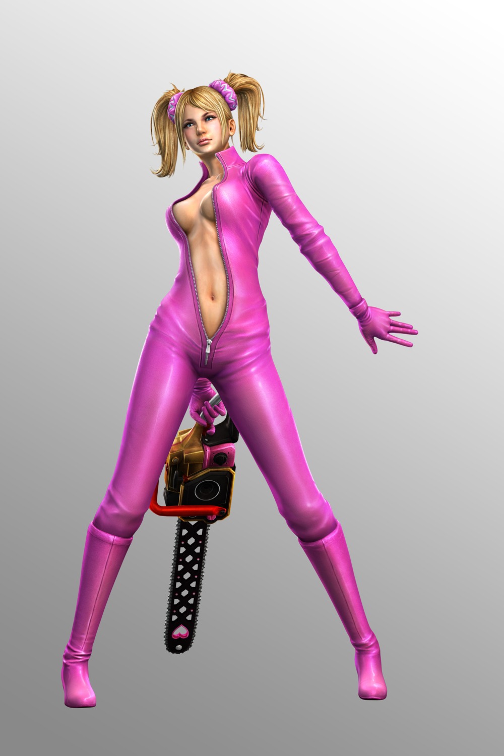 bodysuit cg chainsaw cleavage heels juliet_starling lollipop_chainsaw no_bra open_shirt