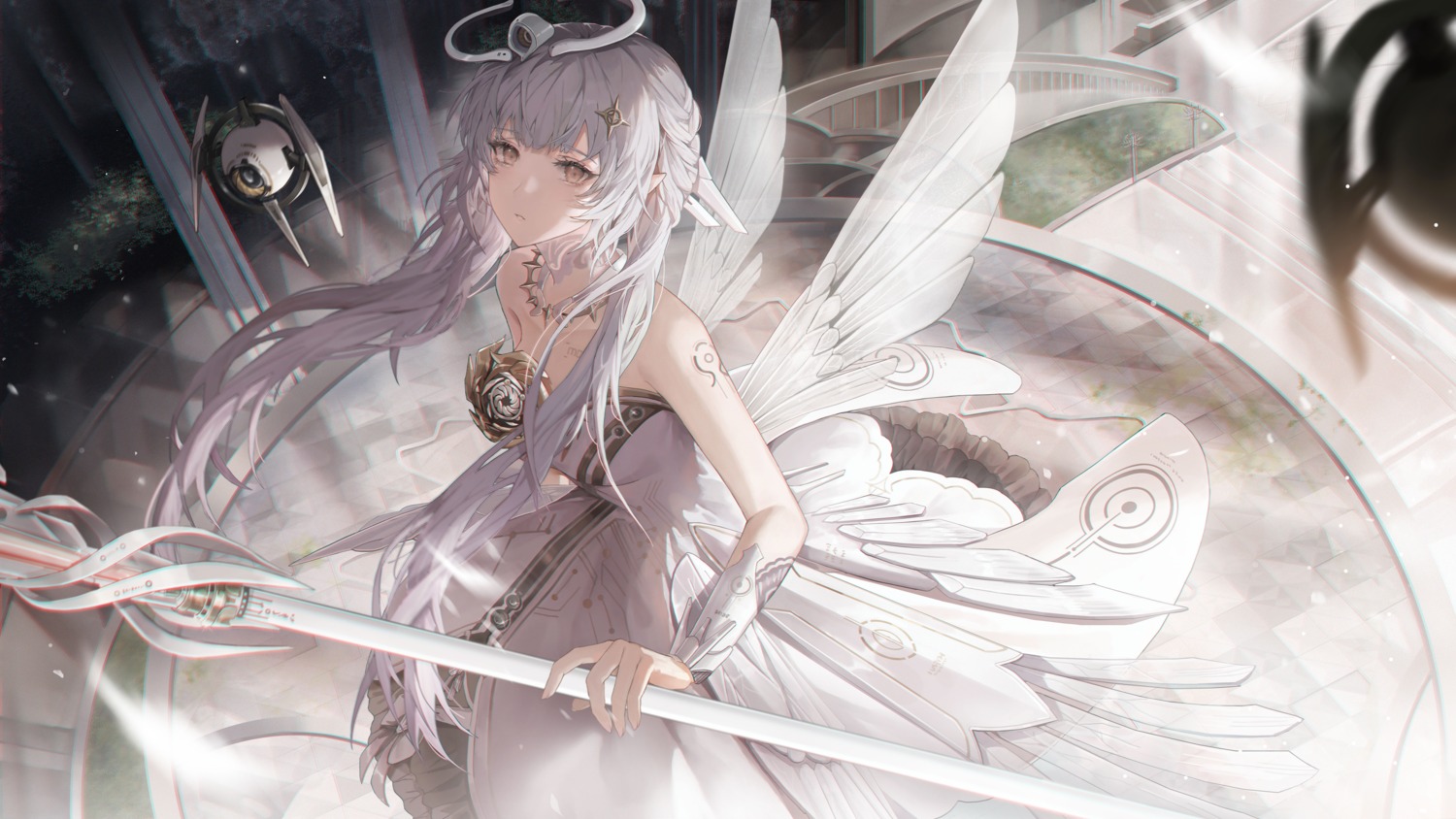 angel corpse_(pixiv) dress liv_(punishing:_gray_raven) no_bra punishing:_gray_raven tattoo weapon wings