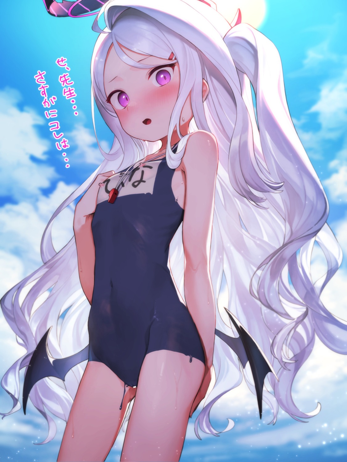blue_archive censored devil halo horns loli naked nipples school_swimsuit signalviolet sorasaki_hina swimsuits translated wet wings