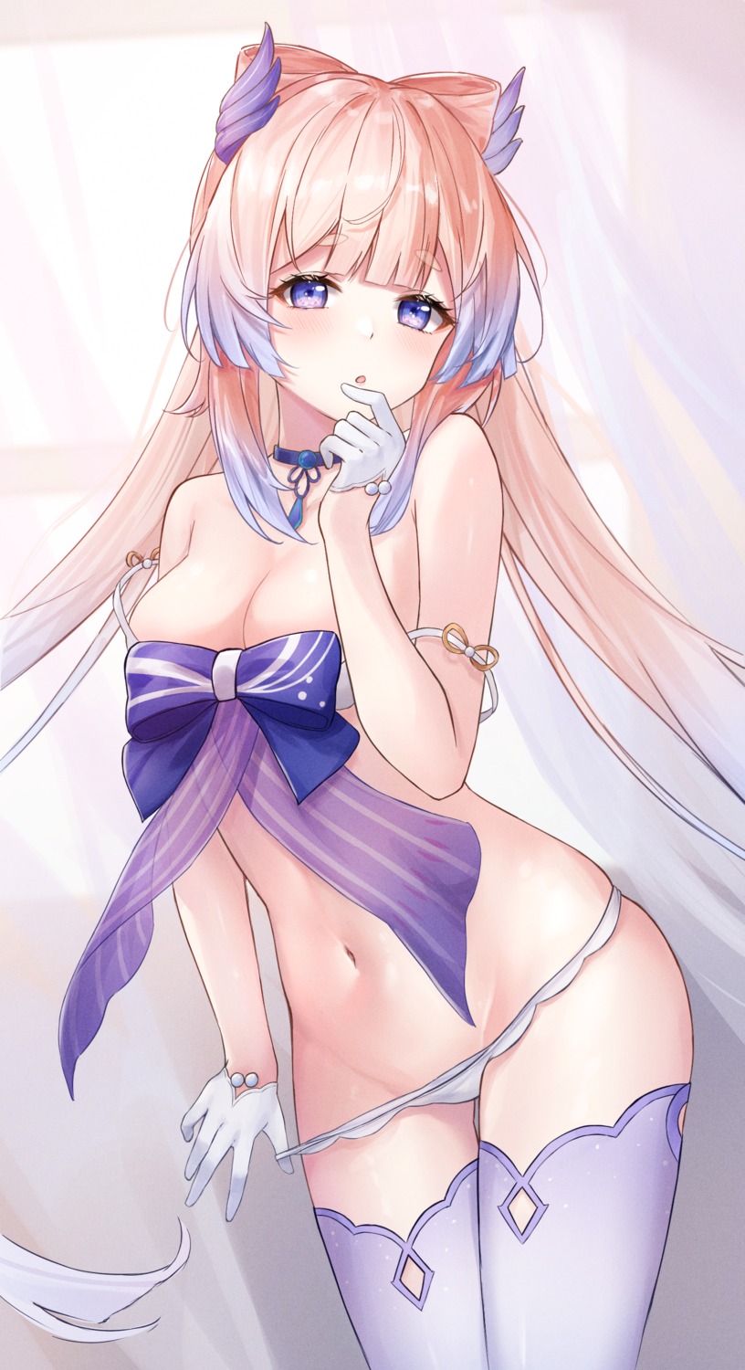 atychi bra genshin_impact pantsu panty_pull sangonomiya_kokomi thighhighs undressing