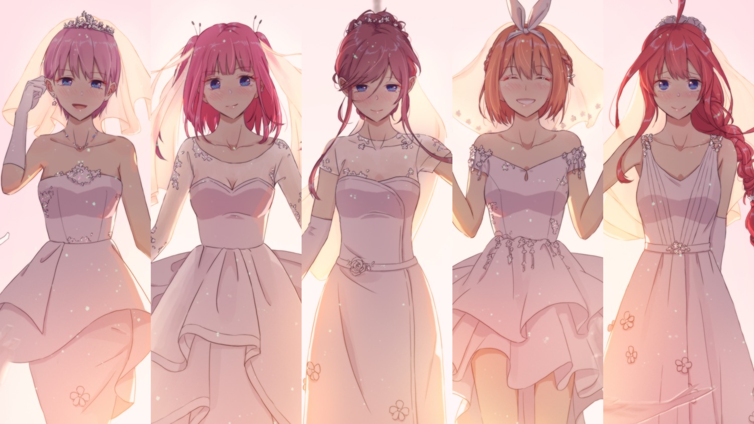 5-toubun_no_hanayome cleavage dress nakano_ichika nakano_itsuki nakano_miku nakano_nino nakano_yotsuba see_through vivid507 wedding_dress