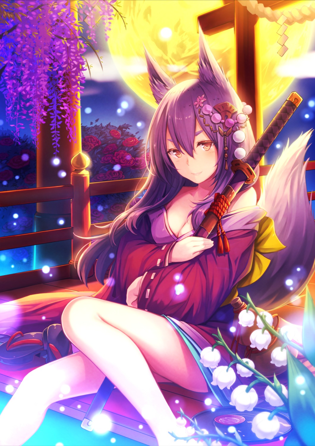 animal_ears breast_hold cleavage e-suke japanese_clothes open_shirt sword tail