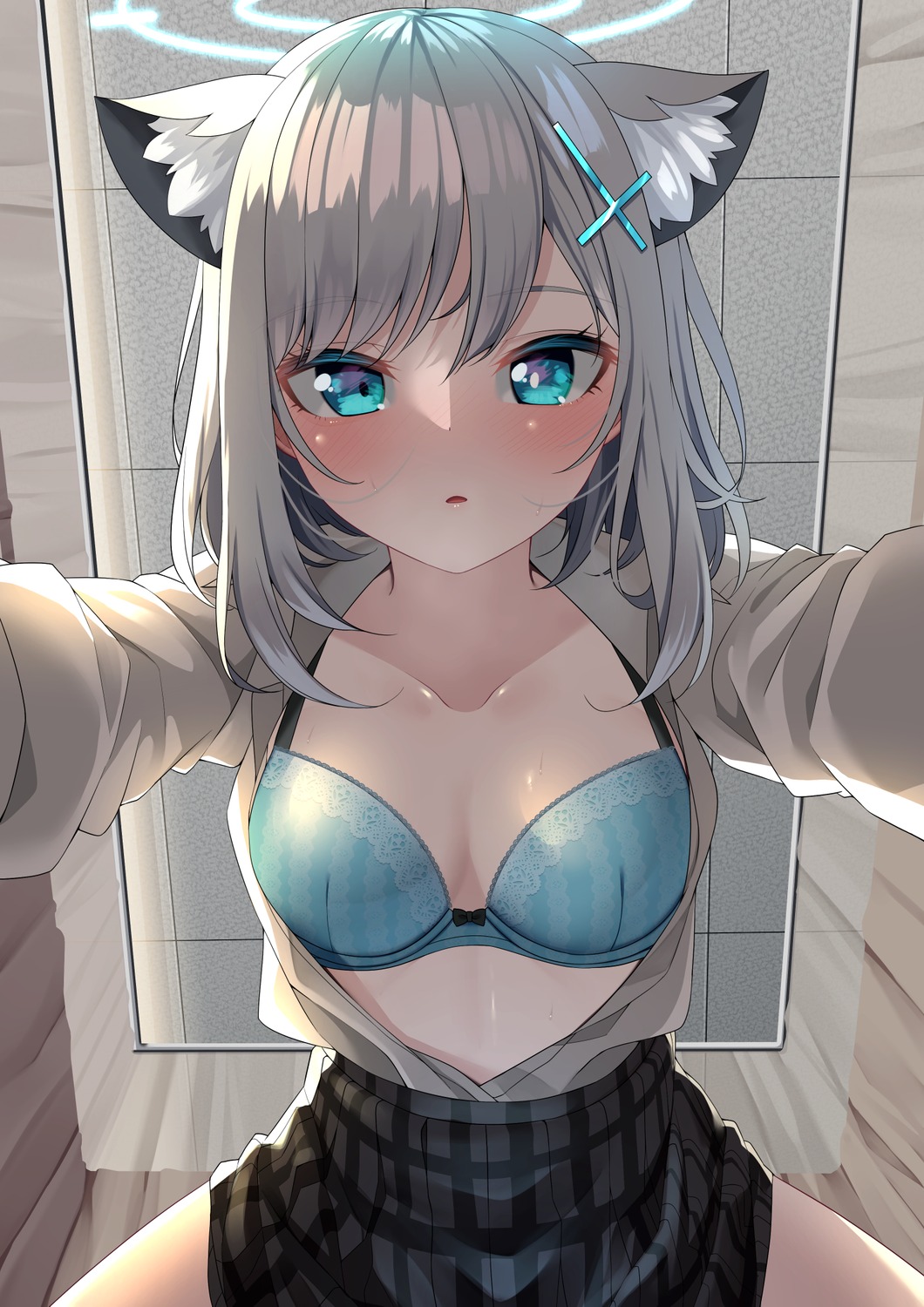 animal_ears blue_archive bra cleavage halo menbou_(menbow3v) nekomimi open_shirt seifuku sunaookami_shiroko