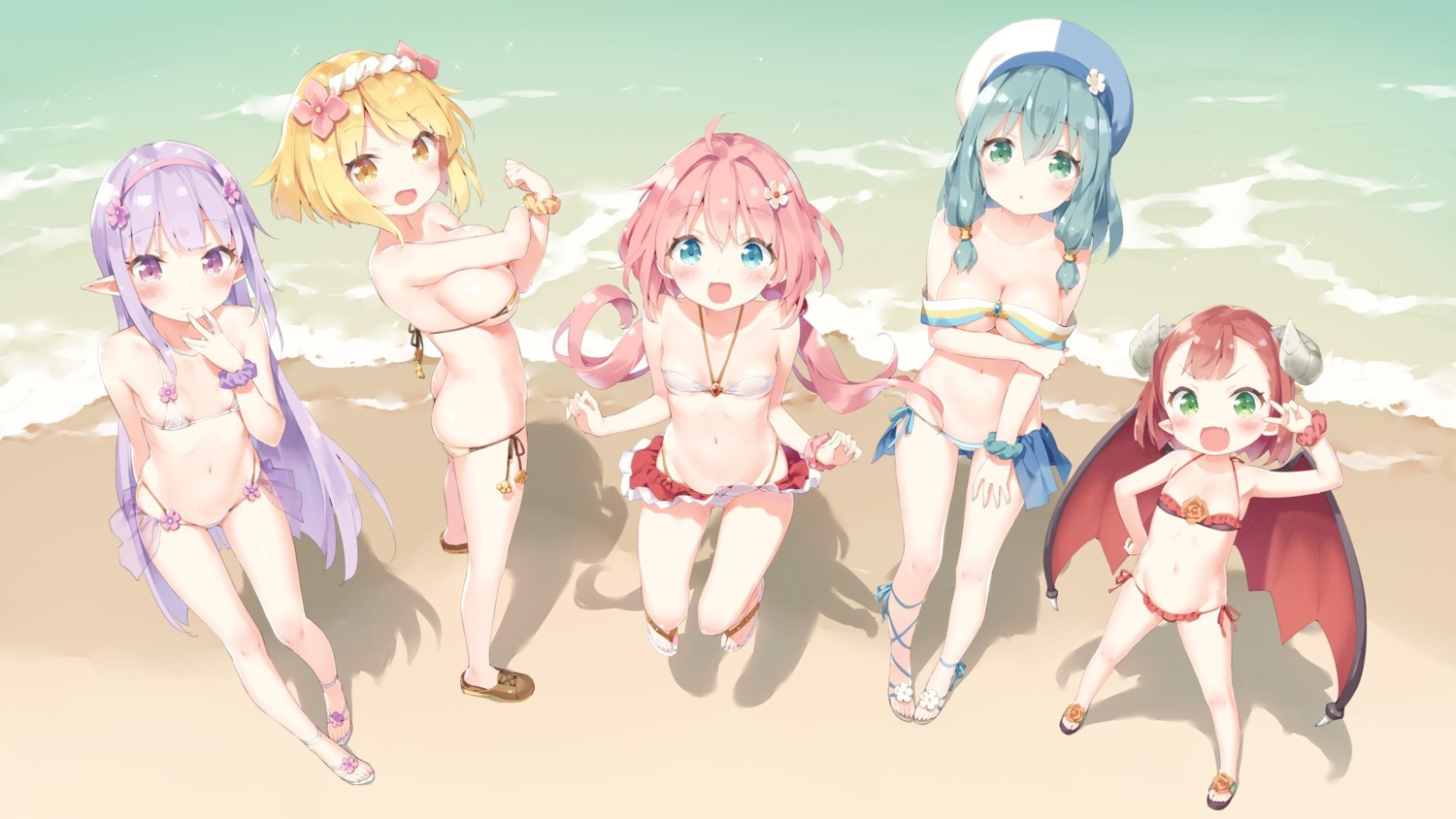 ass bikini breast_hold elenoir_seiran endoro~! fai_fai horns juulia_charldetto loli mao_(endoro~!) meiza_endust peco pointy_ears swimsuits underboob wallpaper wings