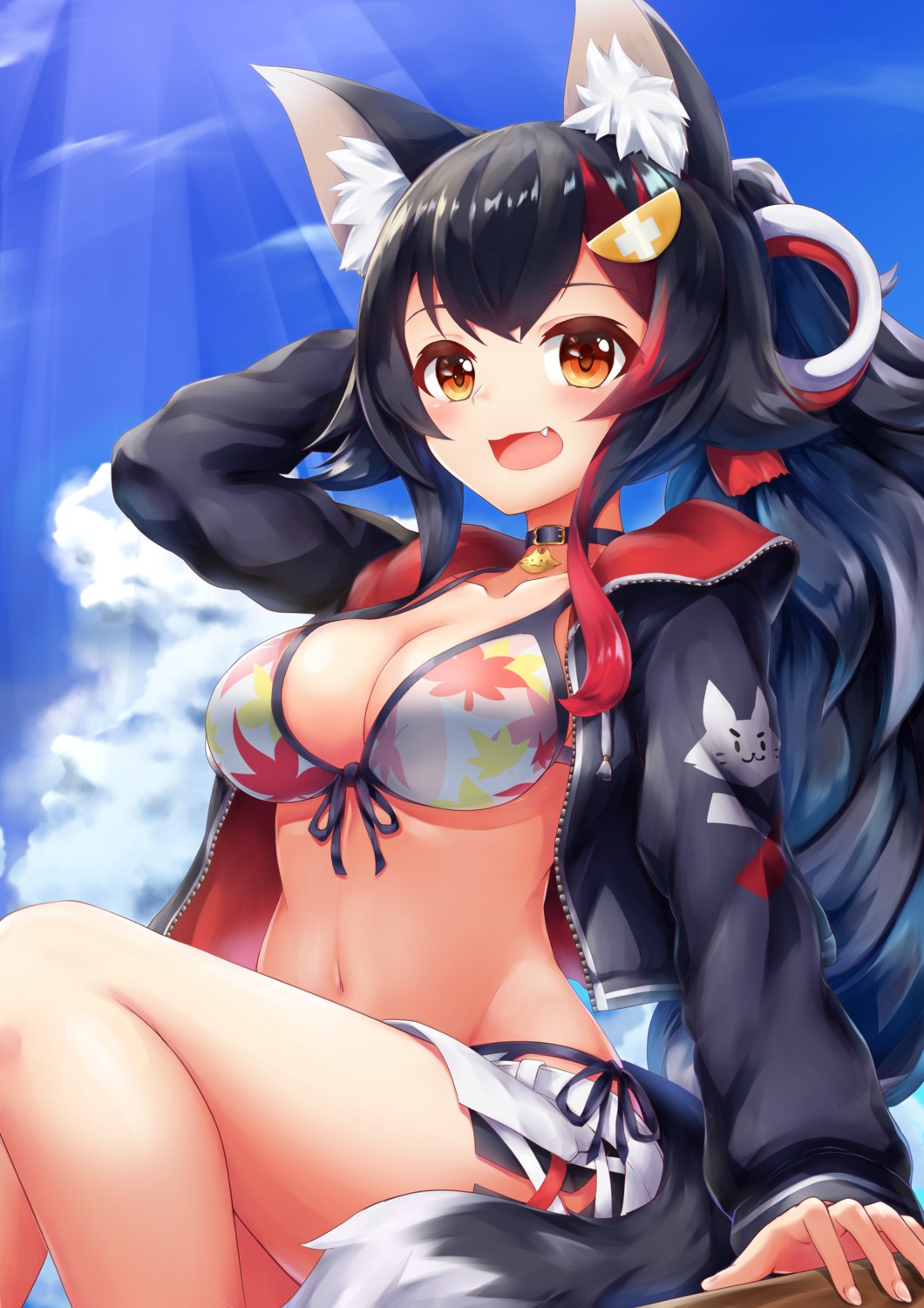 aka_tomato_(user_saez2253) animal_ears bikini hololive hololive_gamers ookami_mio open_shirt swimsuits tail