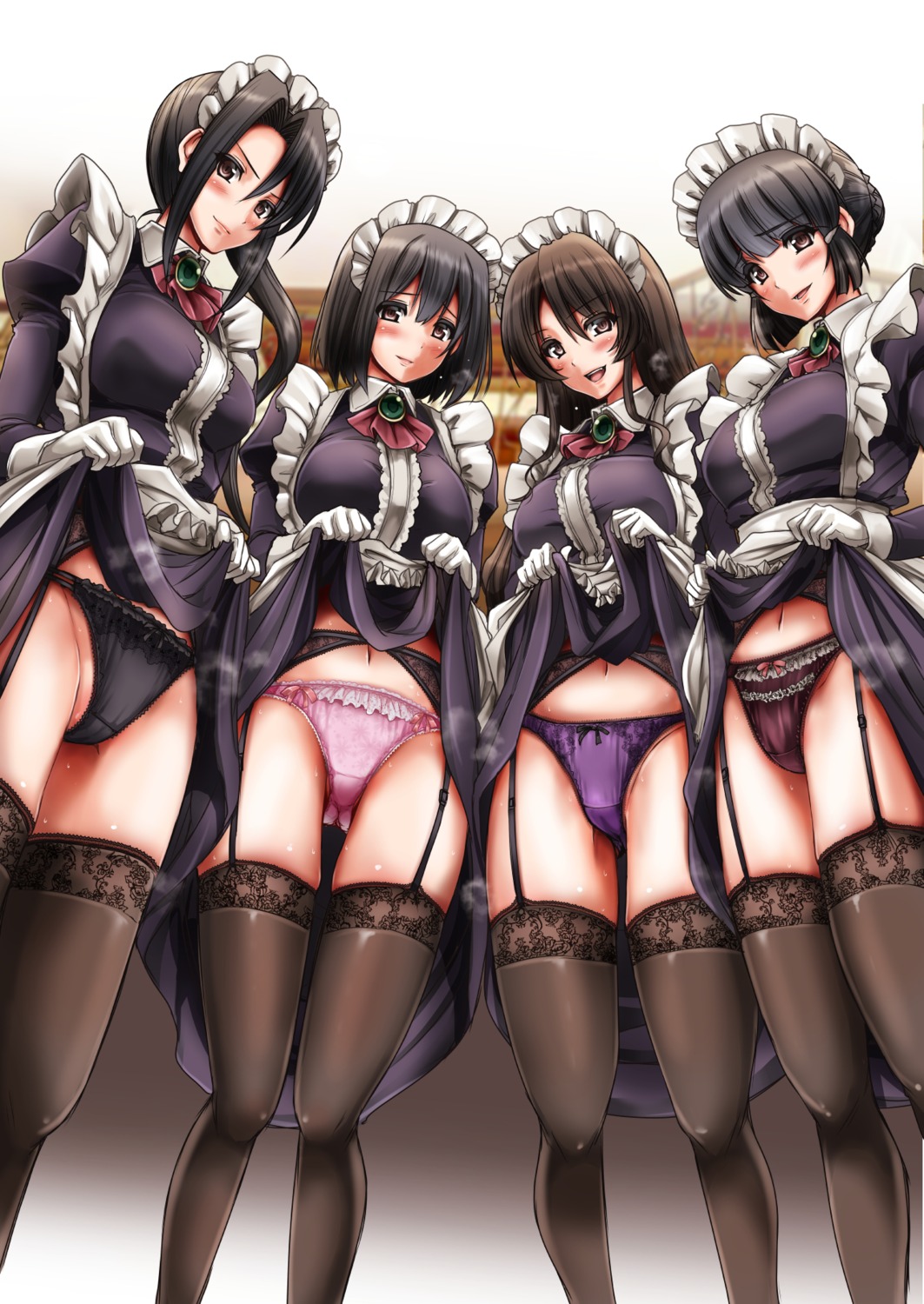 arekishi_raiho ashigara_(kancolle) garter_belt haguro_(kancolle) kantai_collection maid myoukou_(kancolle) nachi_(kancolle) pantsu skirt_lift stockings thighhighs