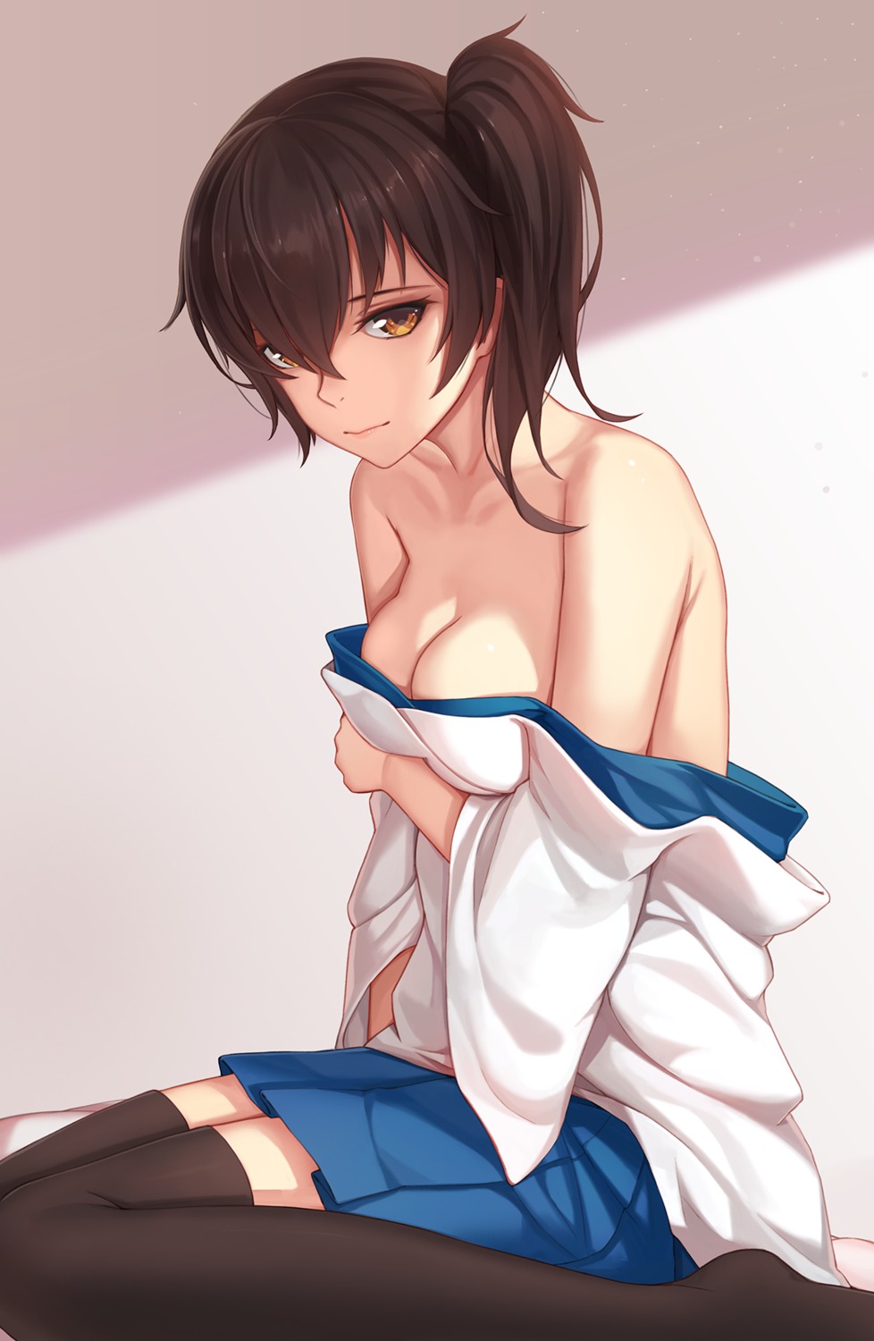 breast_hold cleavage kaga_(kancolle) kantai_collection nian no_bra open_shirt thighhighs