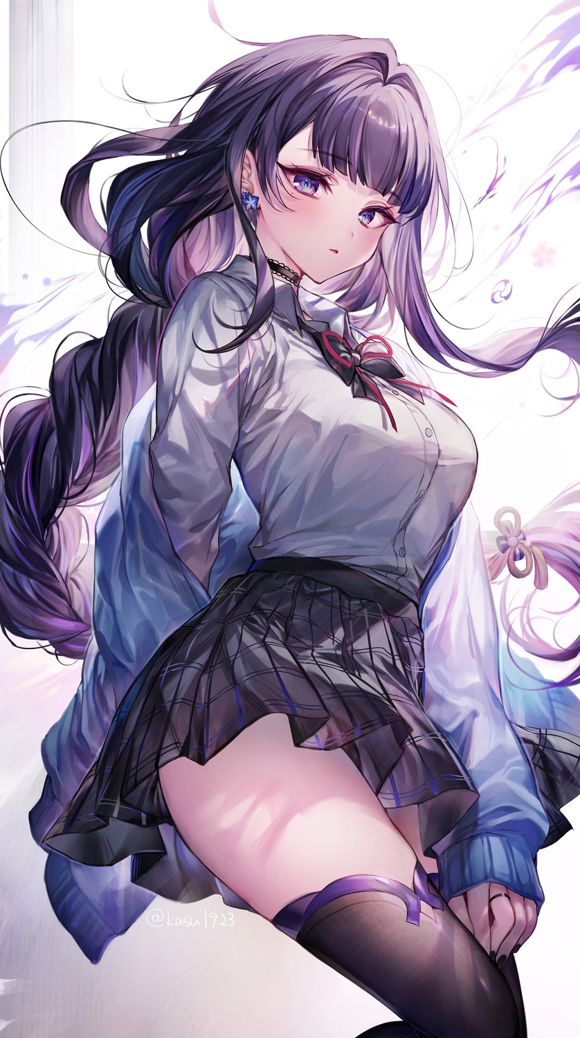 genshin_impact komeshiro_kasu raiden_shogun seifuku skirt_lift thighhighs