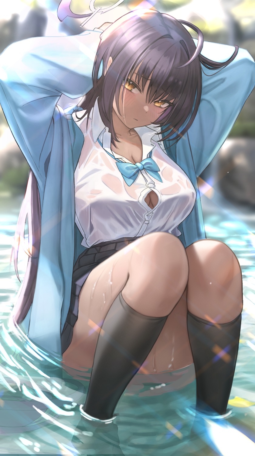 blue_archive halo kakudate_karin see_through seifuku sweater villain_(ses0297) wet wet_clothes