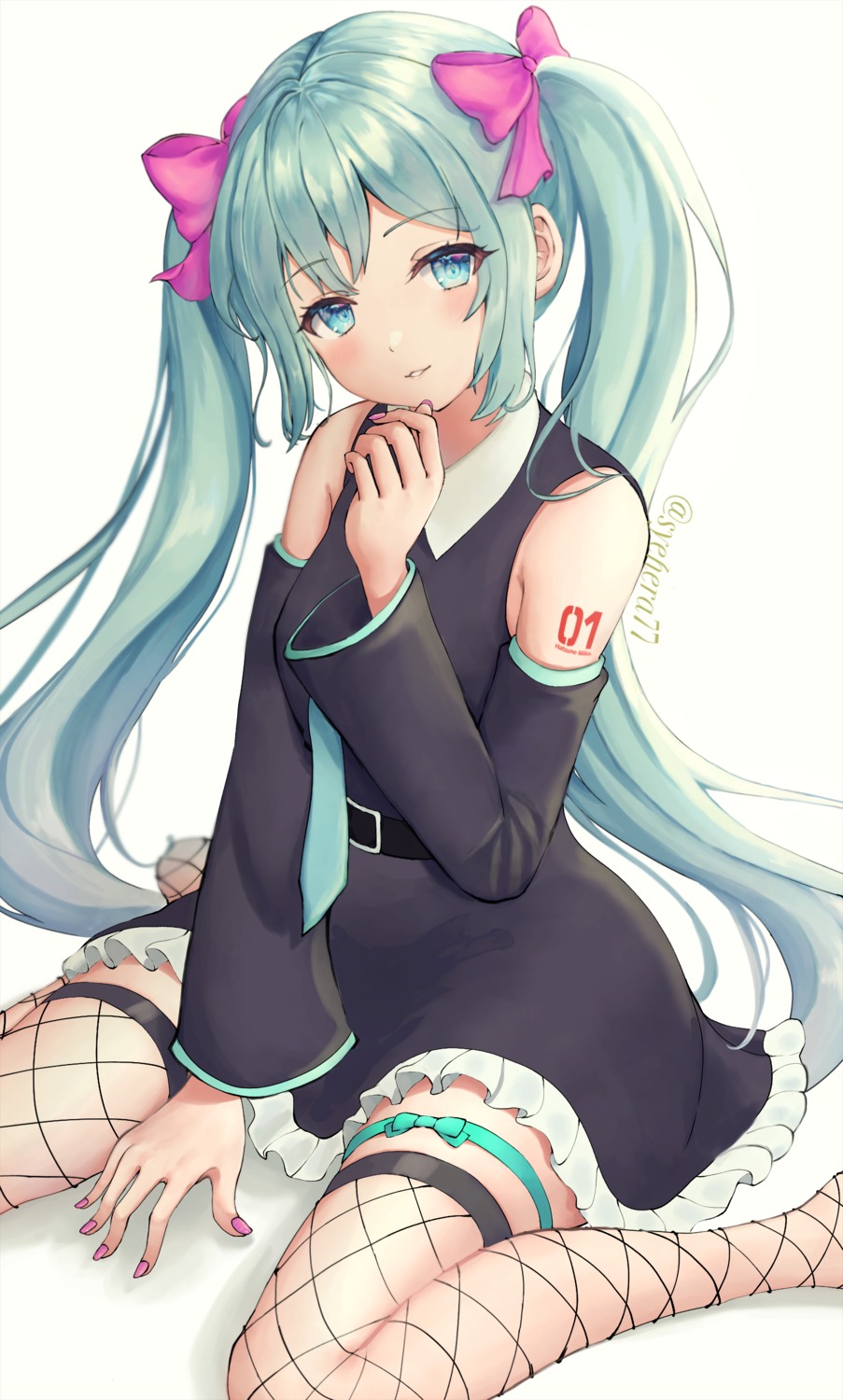 dress fishnets garter hatsune_miku syehera_(syehera77) tattoo thighhighs vocaloid