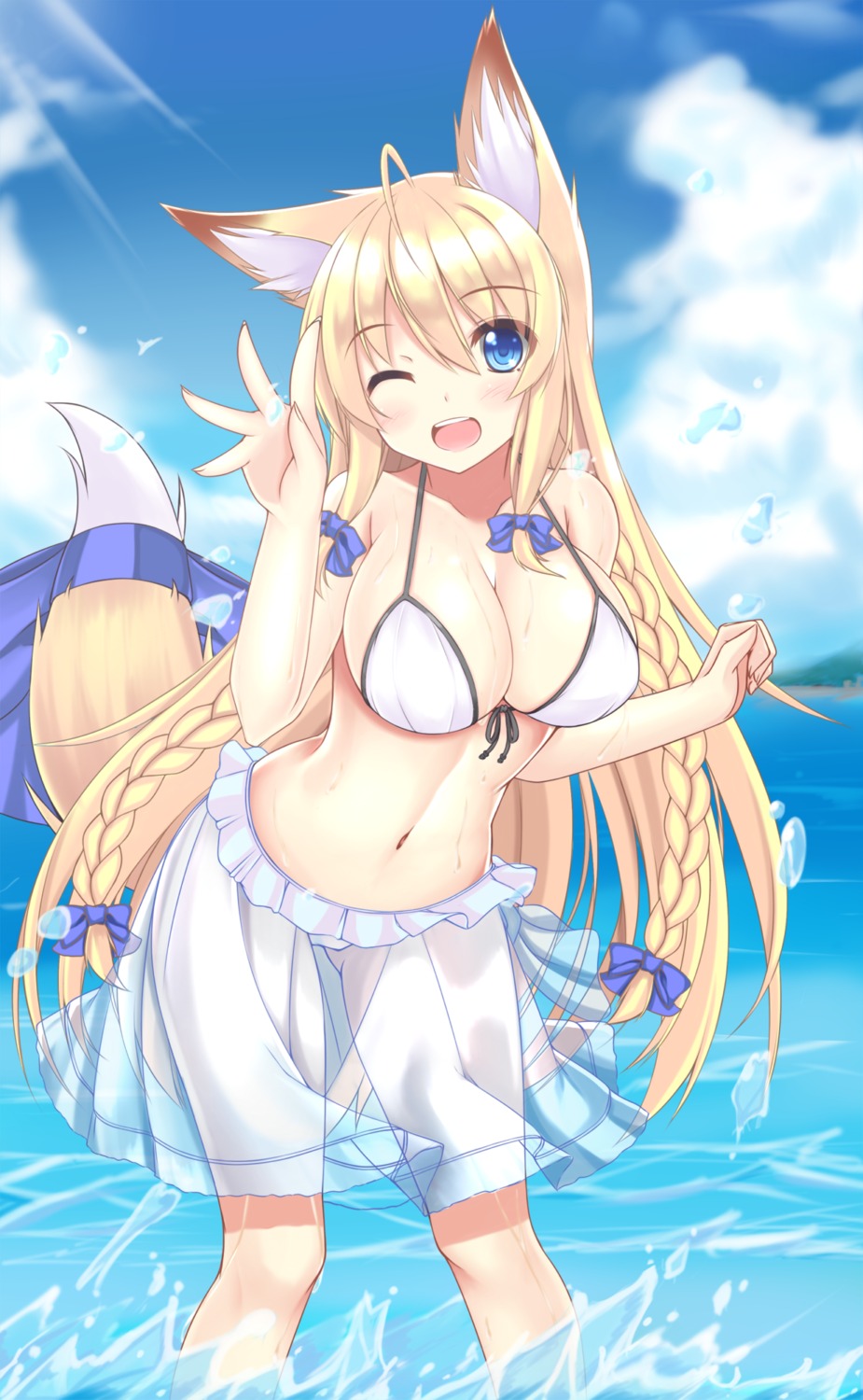 animal_ears bikini cleavage kitsune see_through sogaya swimsuits tail wet