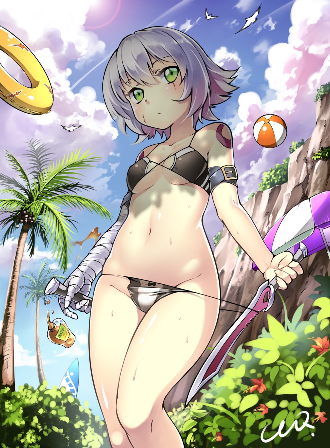 bandages bikini ccq fate/apocrypha fate/stay_night jack_the_ripper panty_pull swimsuits tattoo underboob undressing weapon