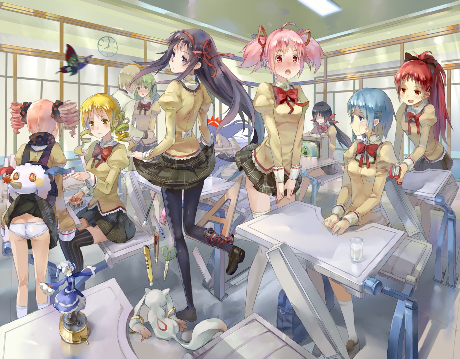 77gl akemi_homura charlotte_(puella_magi_madoka_magica) kamijo_kyosuke kaname_madoka kyubey miki_sayaka pantsu pantyhose puella_magi_madoka_magica sakura_kyouko seifuku shizuki_hitomi skirt_lift thighhighs tomoe_mami