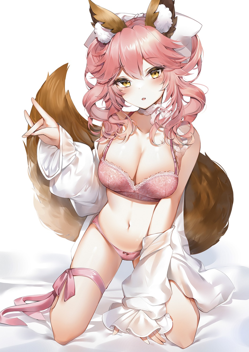 animal_ears bra cleavage fate/grand_order garter kitsune open_shirt pantsu see_through tail tamamo_no_mae yukineko1018