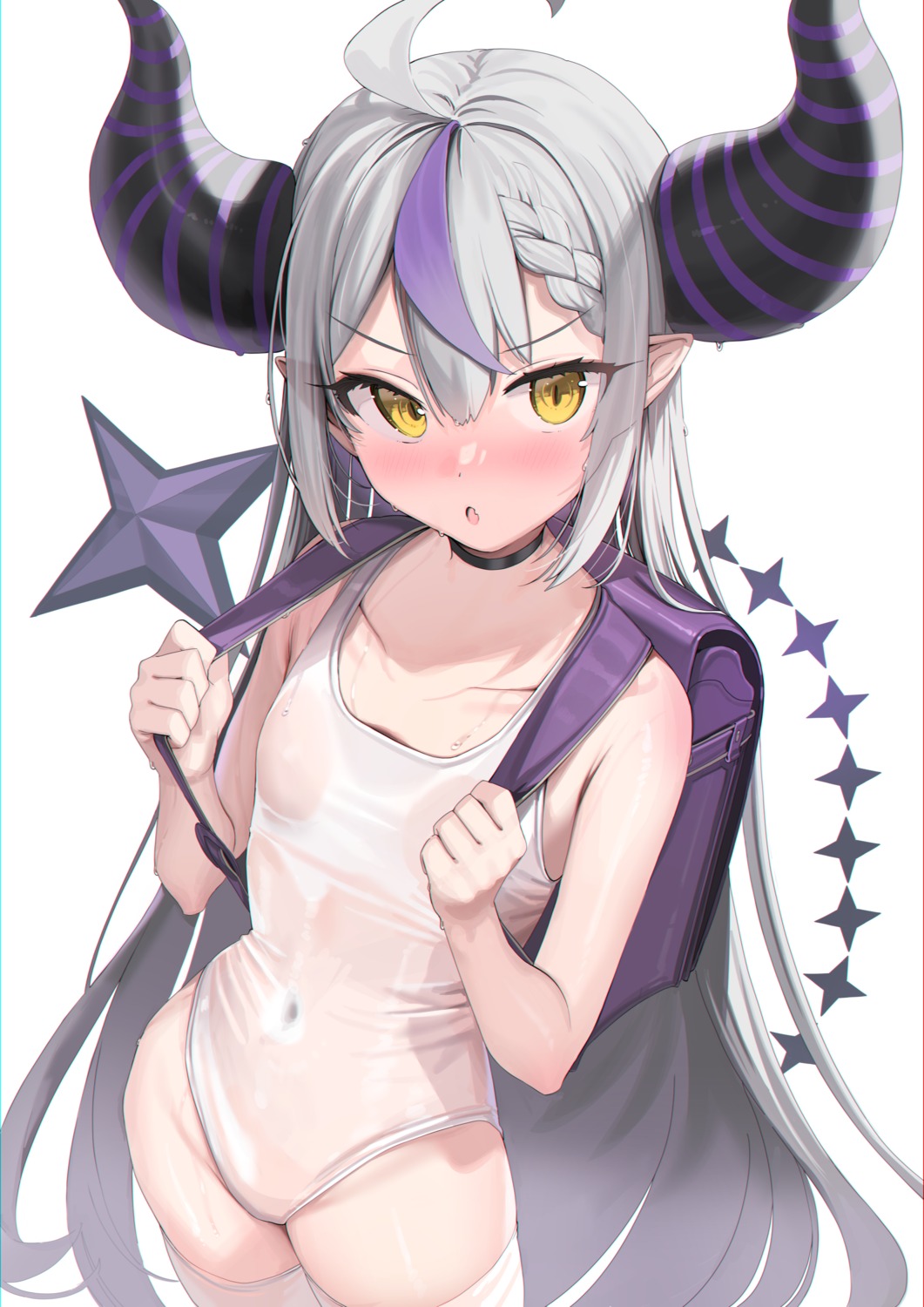 hololive horns kanzarin la+_darknesss loli pointy_ears school_swimsuit see_through swimsuits
