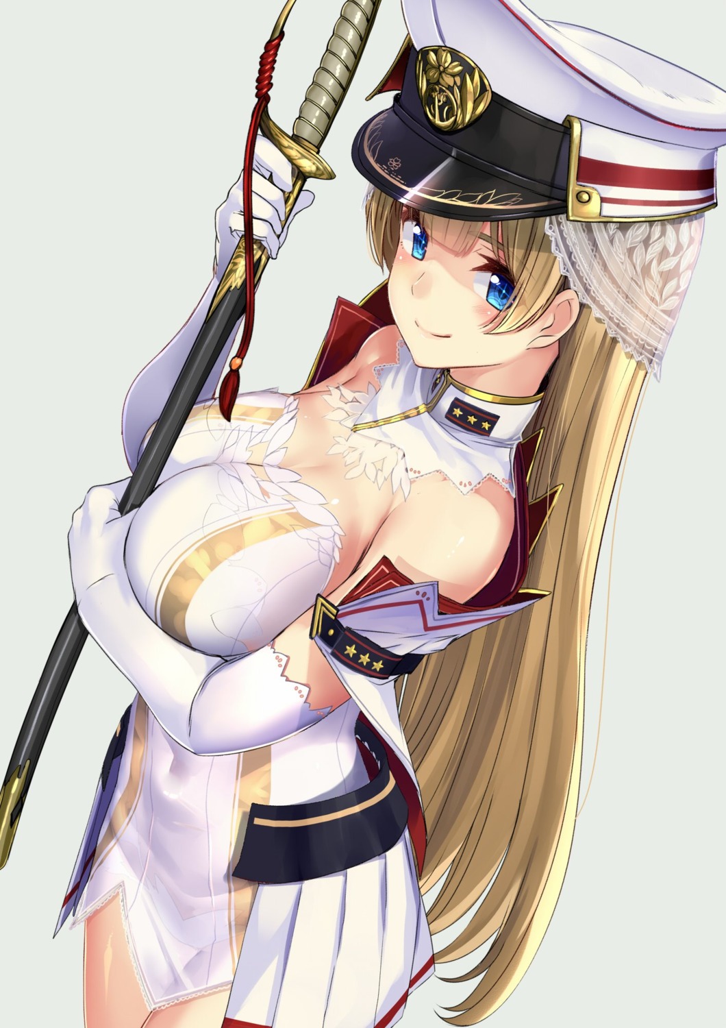 akasa_ai cleavage see_through sword uniform