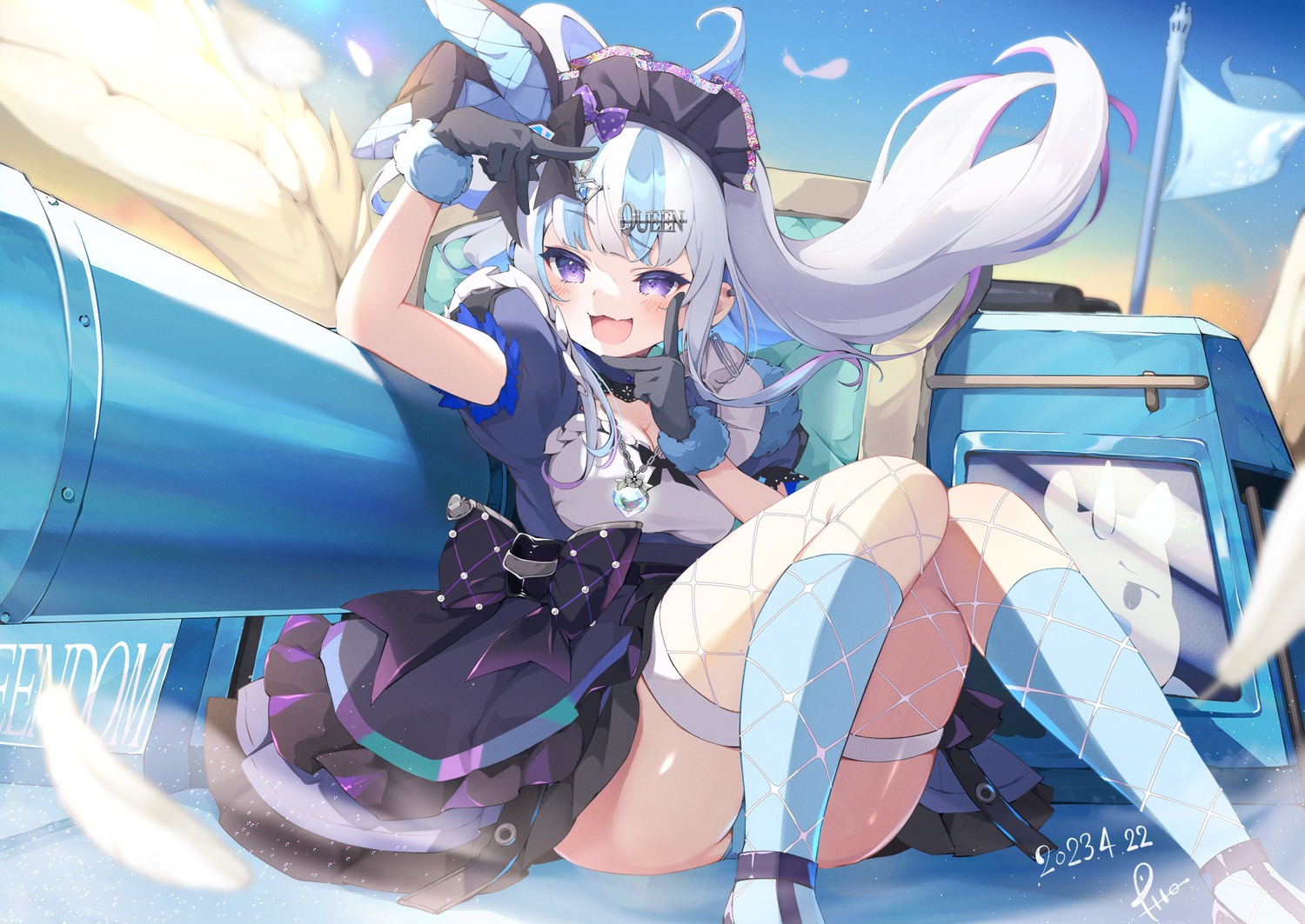 animal_ears bunny_ears connectopia dress fishnets lolita_fashion mesugaki_dia pantsu pilokey skirt_lift thighhighs thong