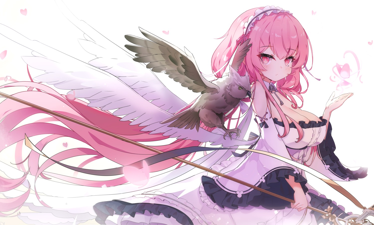 14c artist_revision azur_lane cleavage dress no_bra perseus_(azur_lane) skirt_lift weapon wings