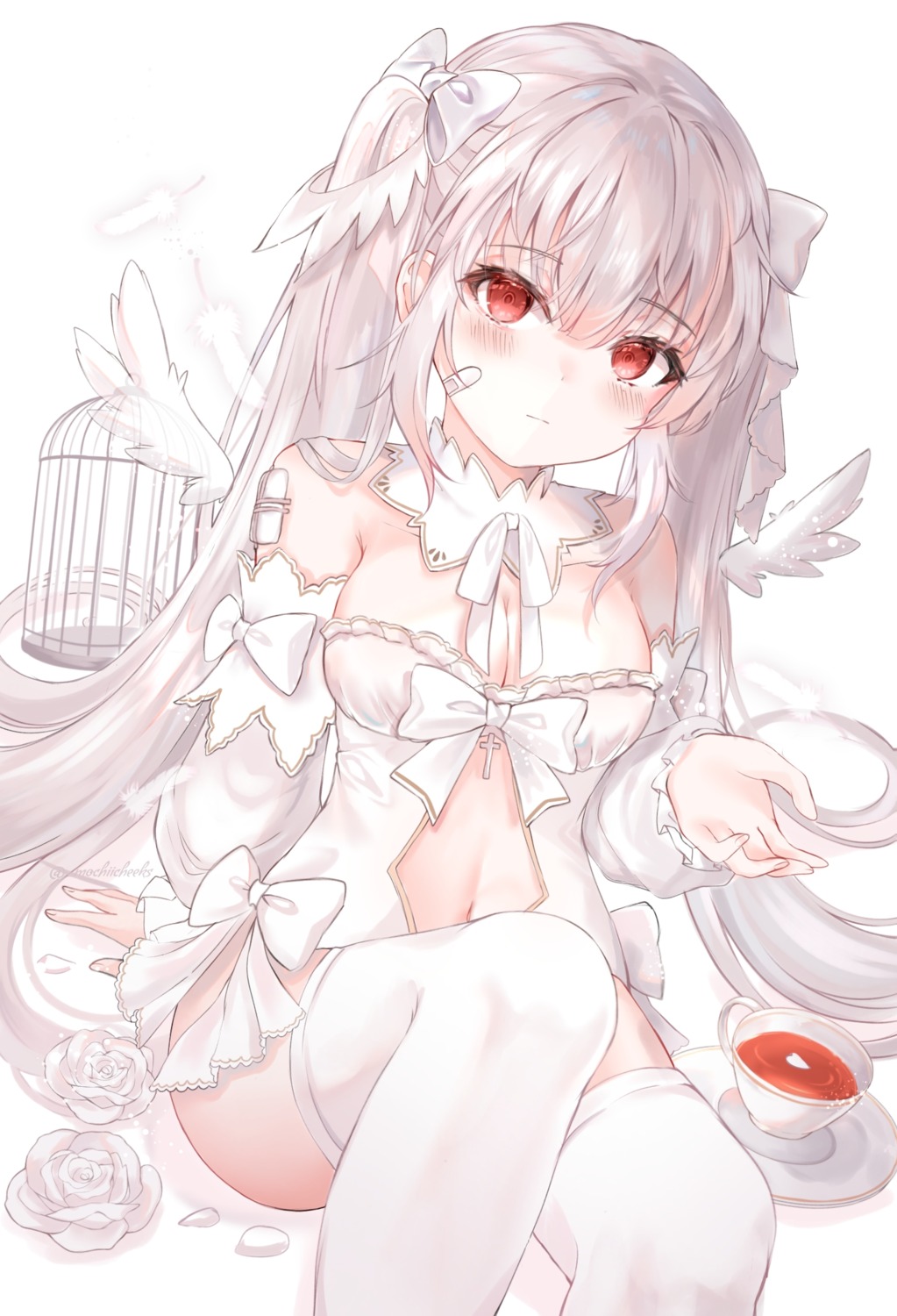 bandaid mochi_(mochiicheeks) no_bra thighhighs wings