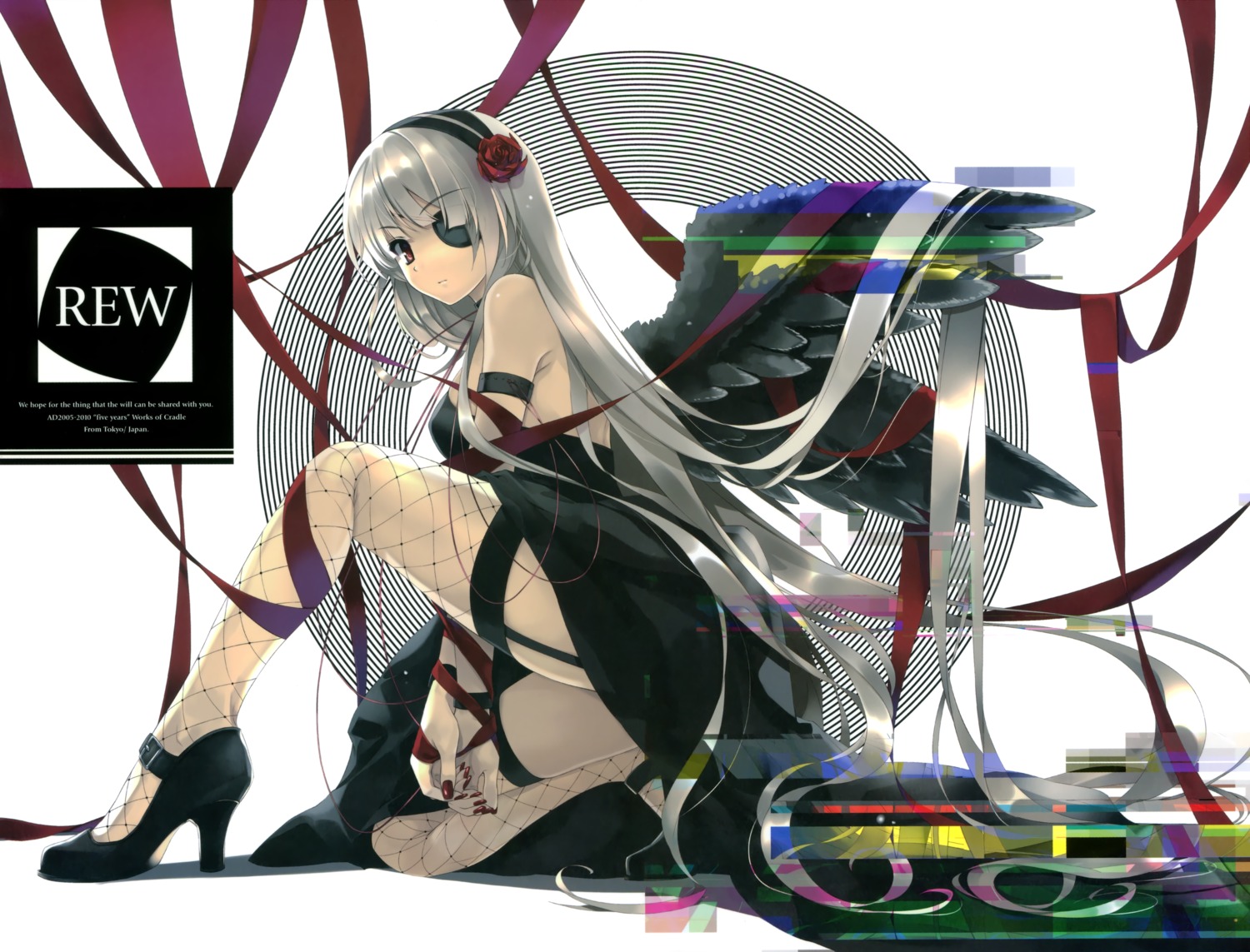 cradle dress eyepatch fishnets garter kuroi_goth_loli_no_shoujo misaki_kurehito stockings thighhighs wings