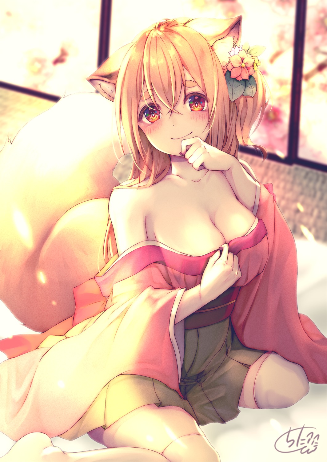 animal_ears breast_hold chita_(ketchup) cleavage japanese_clothes open_shirt tail thighhighs