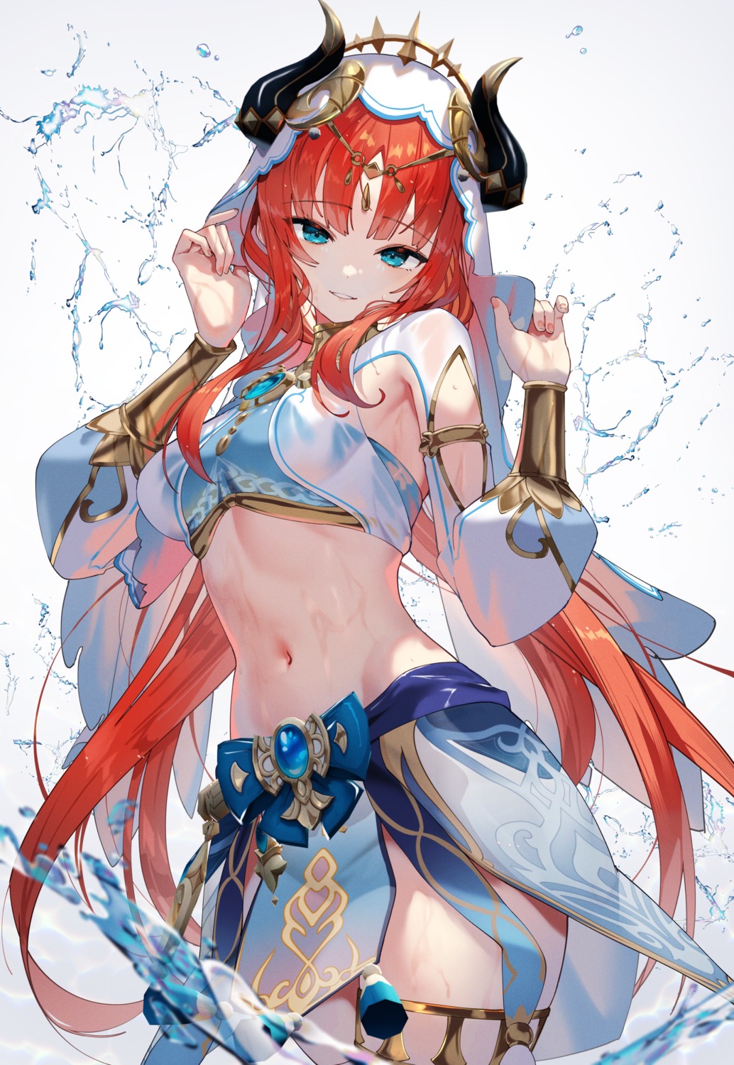 garter genshin_impact horns nilou no_bra scottie see_through wet wet_clothes