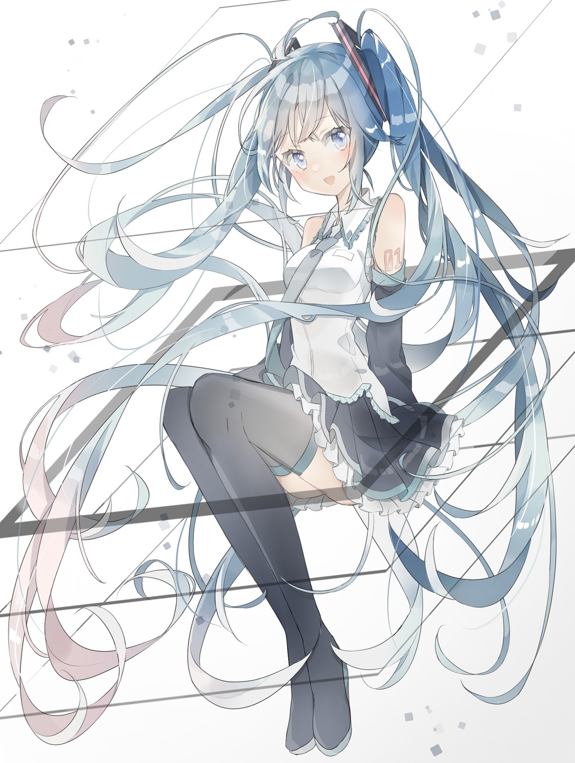 hatsune_miku siho_(ricchil) skirt_lift tattoo thighhighs vocaloid