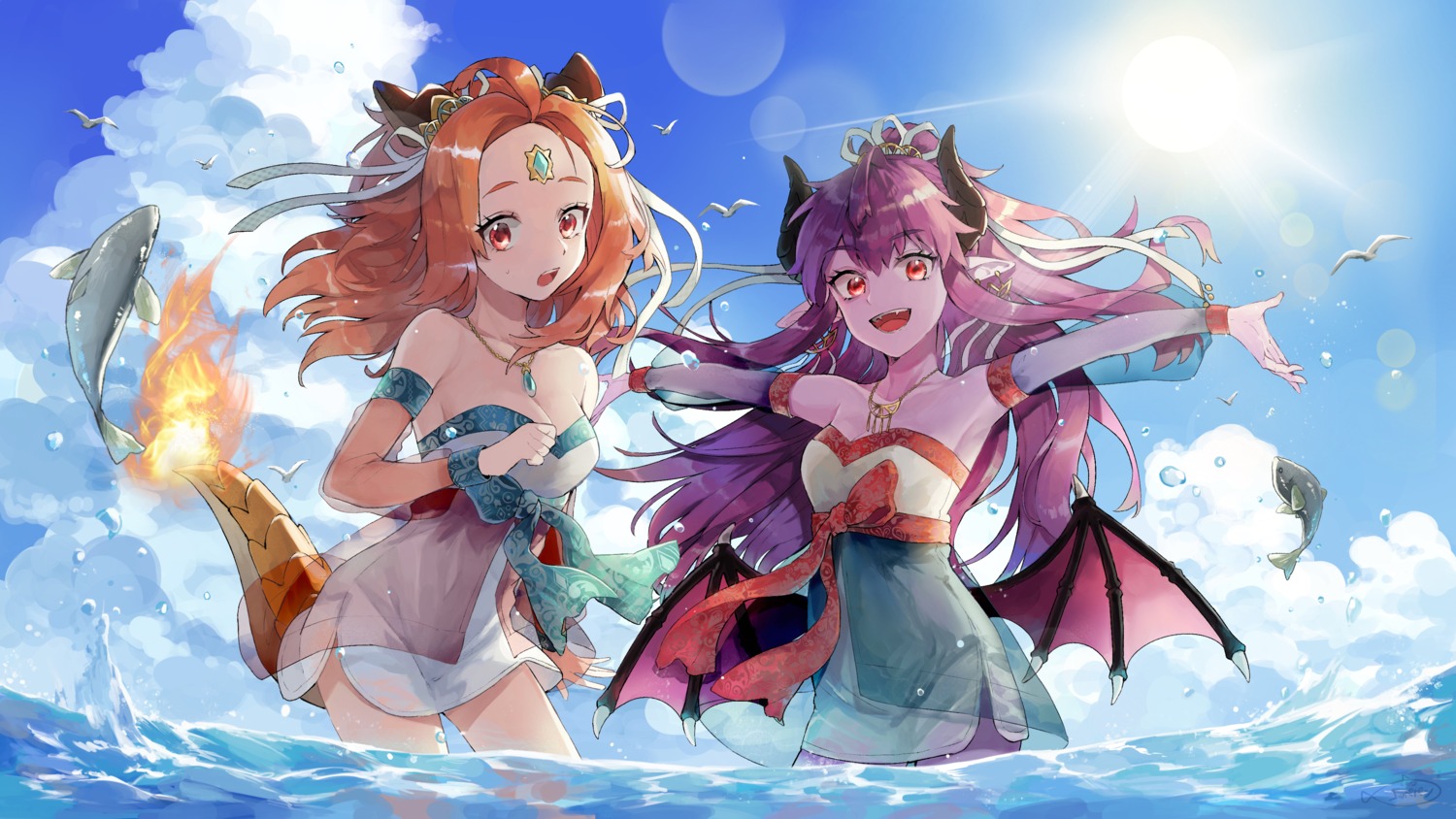 cleavage coppepan dress horns no_bra pointy_ears see_through tail wallpaper wet wings